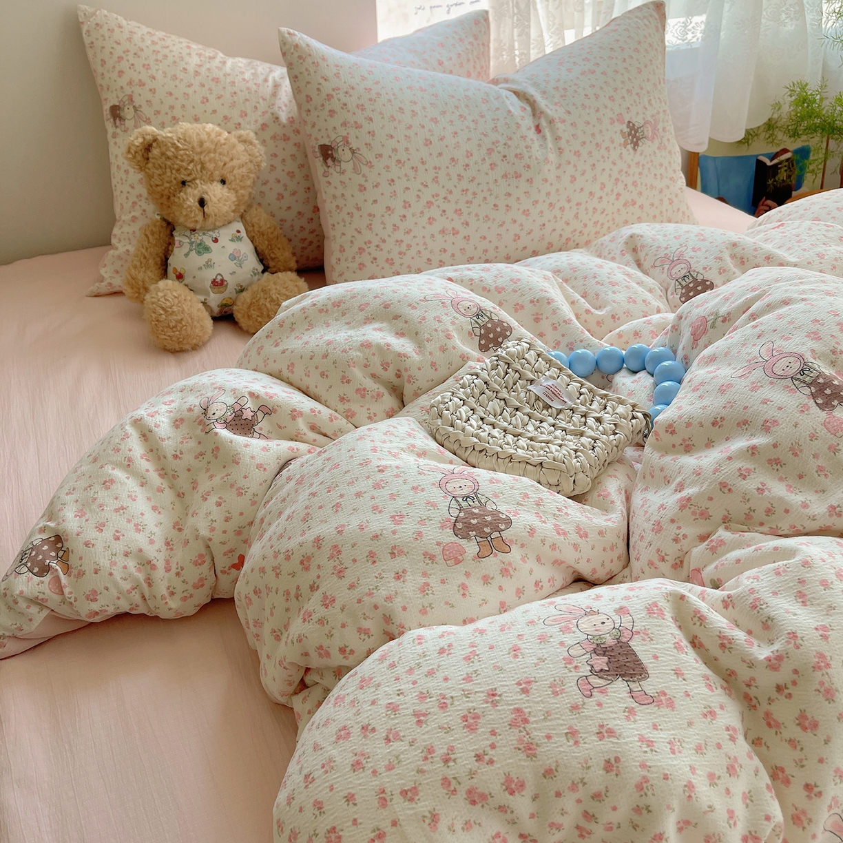 91家纺网 家纺一手货源 找家纺 沐芷 2026 【提供买家秀】简约可爱双层纱四件套床上用品 单被套/四件套 彼岸-芭比兔