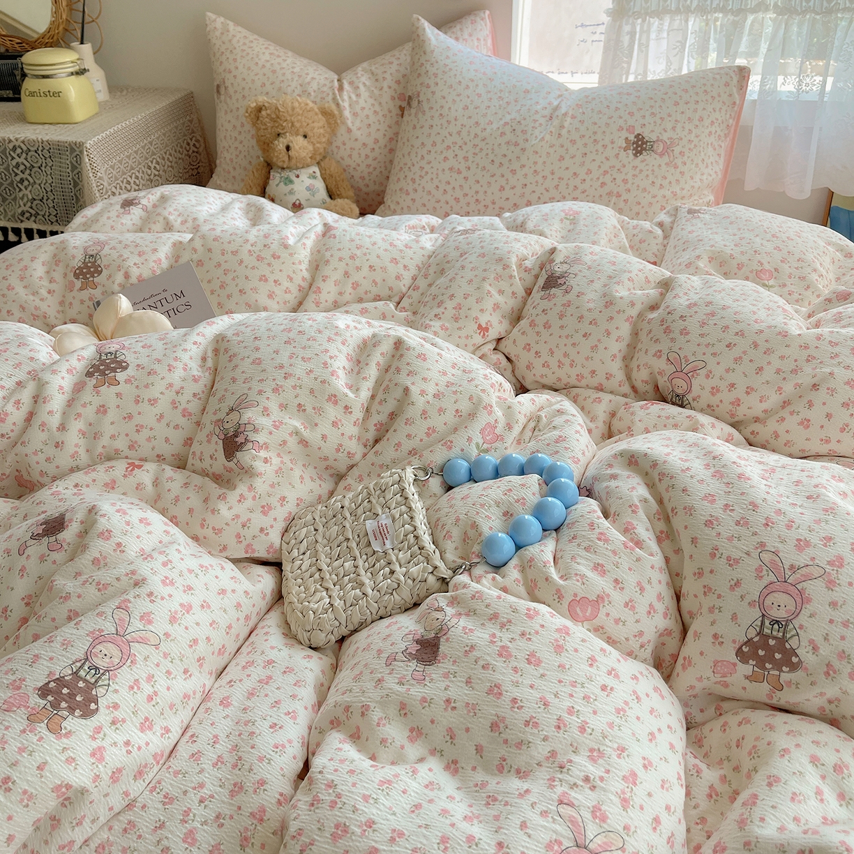 91家纺网 家纺一手货源 找家纺 沐芷 2026 【提供买家秀】简约可爱双层纱四件套床上用品 单被套/四件套 彼岸-芭比兔