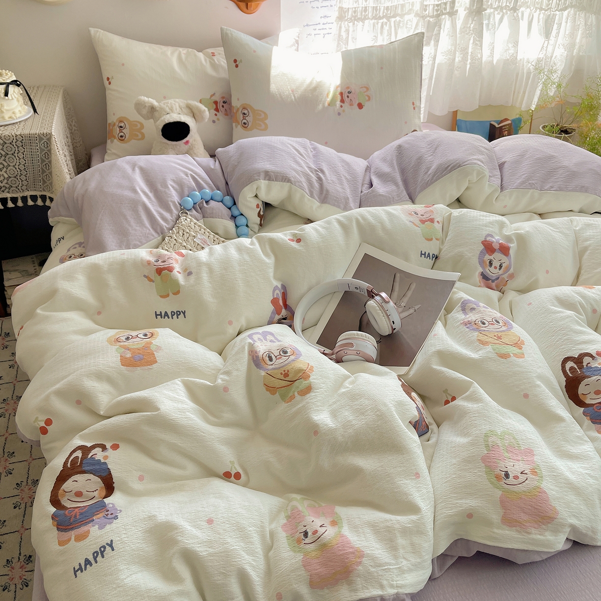 91家纺网 家纺一手货源 找家纺 沐芷 2026 【提供买家秀】简约可爱双层纱四件套床上用品 单被套/四件套 彼岸-拉布大王