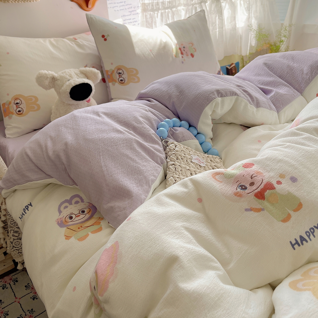 91家纺网 家纺一手货源 找家纺 沐芷 2026 【提供买家秀】简约可爱双层纱四件套床上用品 单被套/四件套 彼岸-拉布大王