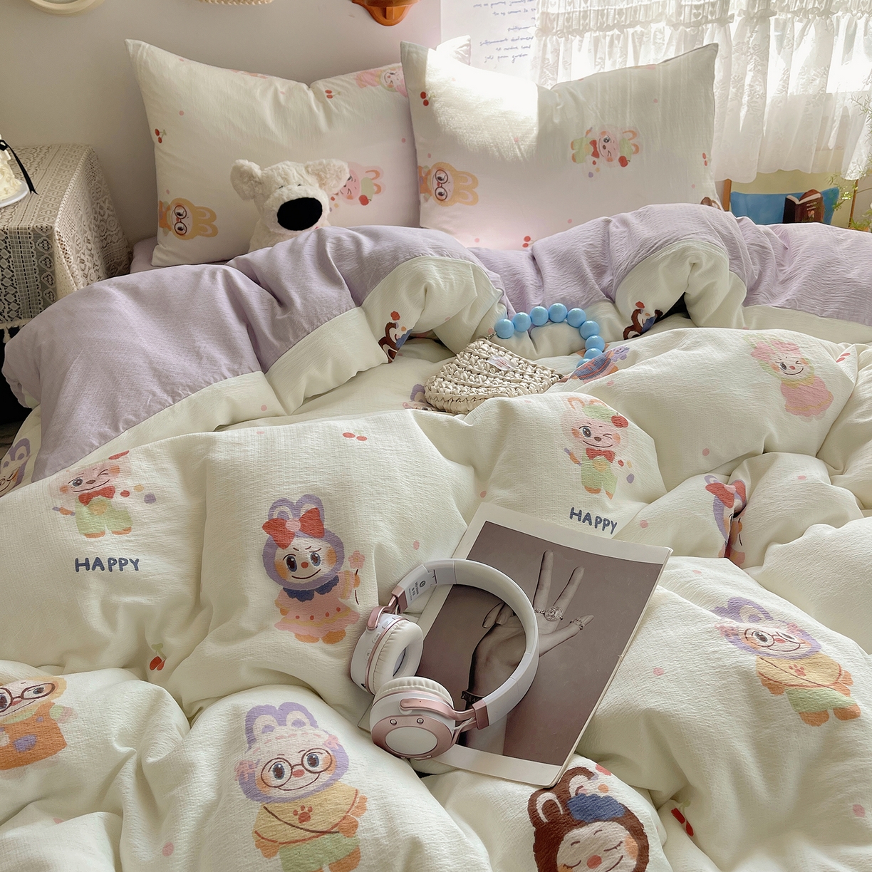 91家纺网 家纺一手货源 找家纺 沐芷 2026 【提供买家秀】简约可爱双层纱四件套床上用品 单被套/四件套 彼岸-拉布大王