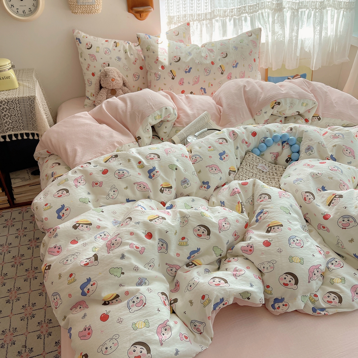 91家纺网 家纺一手货源 找家纺 沐芷 2026 【提供买家秀】简约可爱双层纱四件套床上用品 单被套/四件套 彼岸-蜡笔没有新