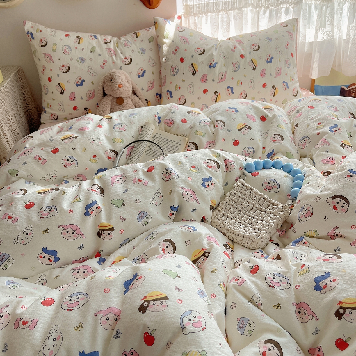 91家纺网 家纺一手货源 找家纺 沐芷 2026 【提供买家秀】简约可爱双层纱四件套床上用品 单被套/四件套 彼岸-蜡笔没有新