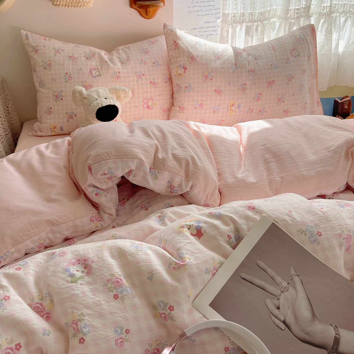 91家纺网 家纺一手货源 找家纺 沐芷 2026 【提供买家秀】简约可爱双层纱四件套床上用品 单被套/四件套 彼岸-萌主后花园