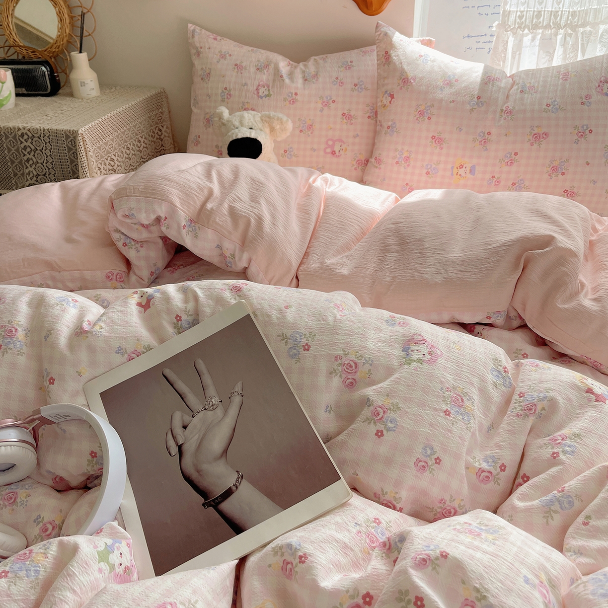 91家纺网 家纺一手货源 找家纺 沐芷 2026 【提供买家秀】简约可爱双层纱四件套床上用品 单被套/四件套 彼岸-萌主后花园