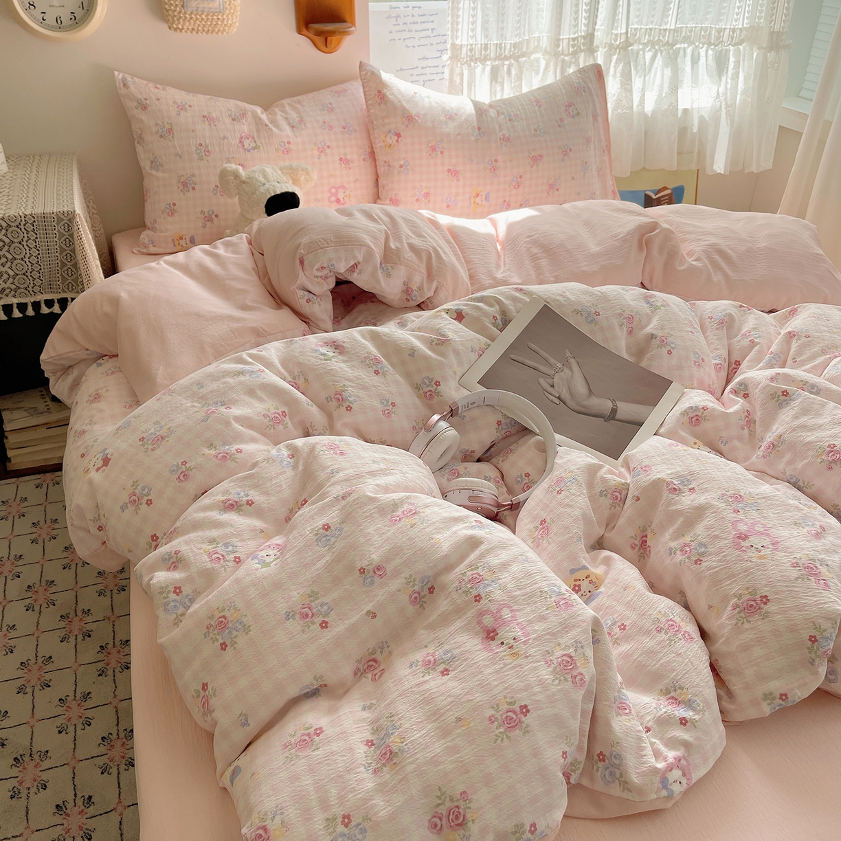 91家纺网 家纺一手货源 找家纺 沐芷 2026 【提供买家秀】简约可爱双层纱四件套床上用品 单被套/四件套 彼岸-萌主后花园