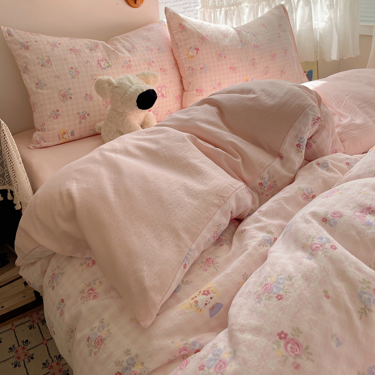 91家纺网 家纺一手货源 找家纺 沐芷 2026 【提供买家秀】简约可爱双层纱四件套床上用品 单被套/四件套 彼岸-萌主后花园