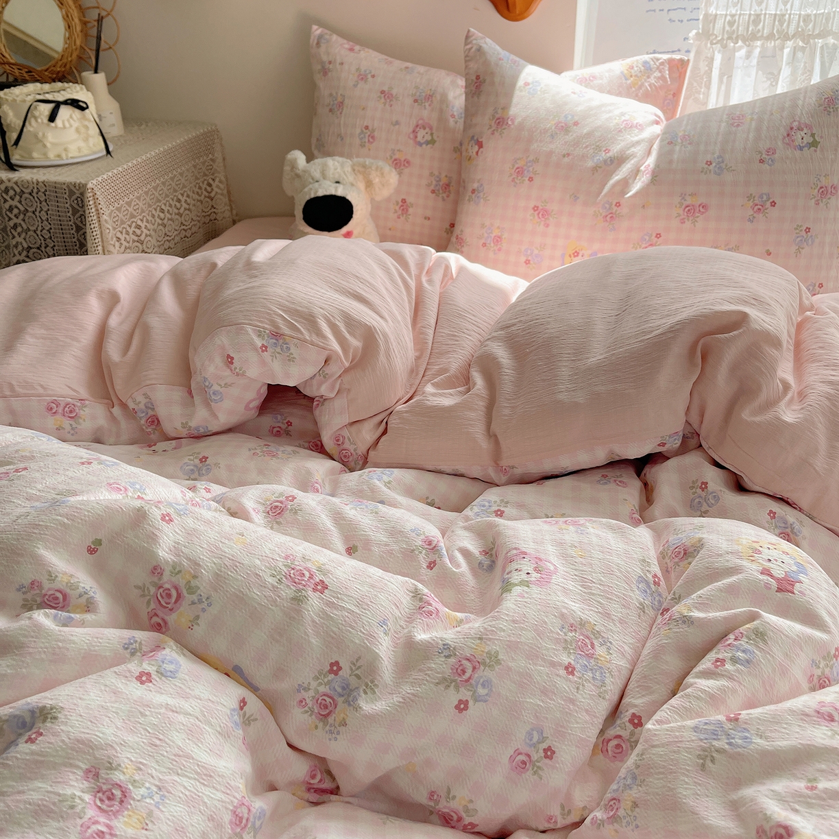 91家纺网 家纺一手货源 找家纺 沐芷 2026 【提供买家秀】简约可爱双层纱四件套床上用品 单被套/四件套 彼岸-萌主后花园