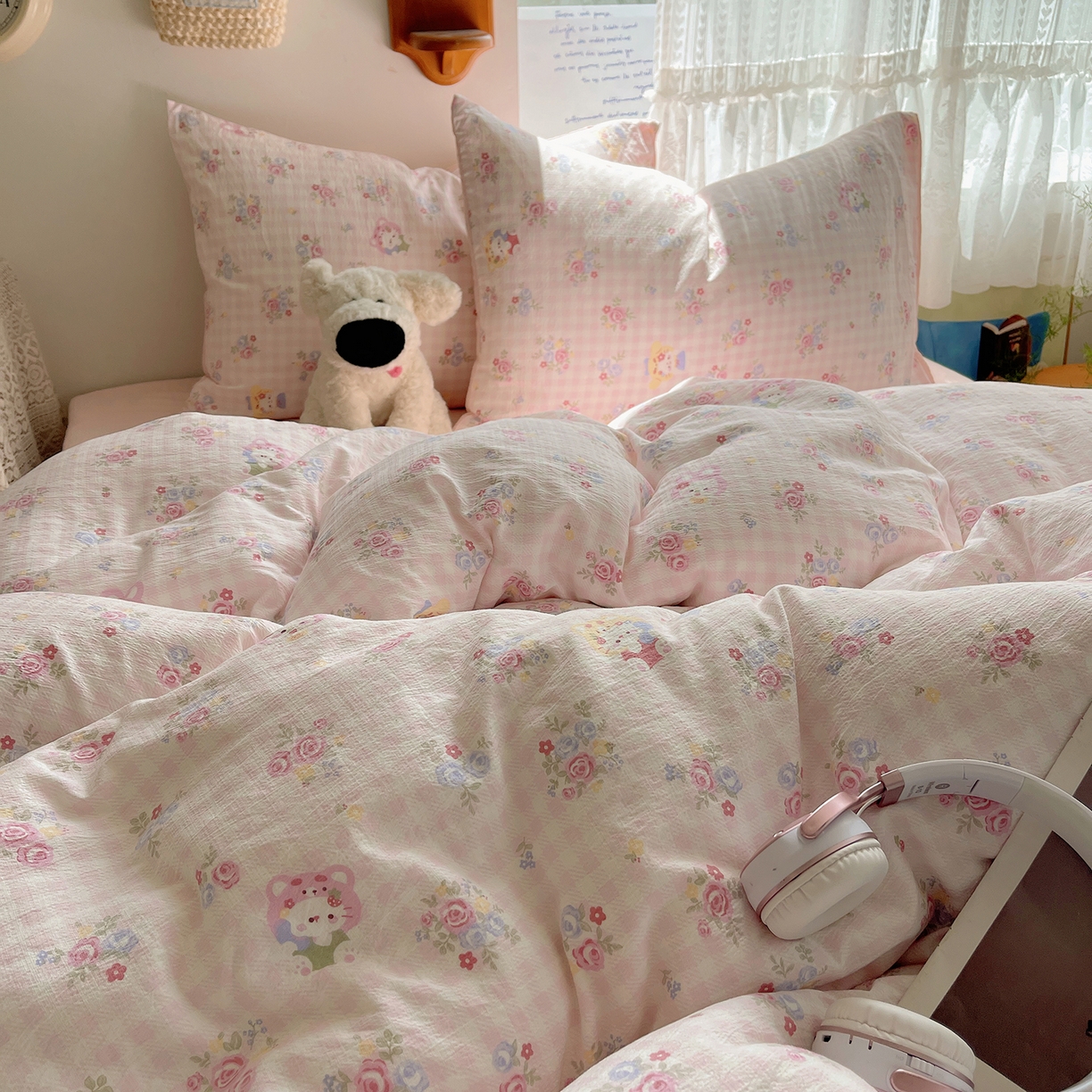 91家纺网 家纺一手货源 找家纺 沐芷 2026 【提供买家秀】简约可爱双层纱四件套床上用品 单被套/四件套 彼岸-萌主后花园