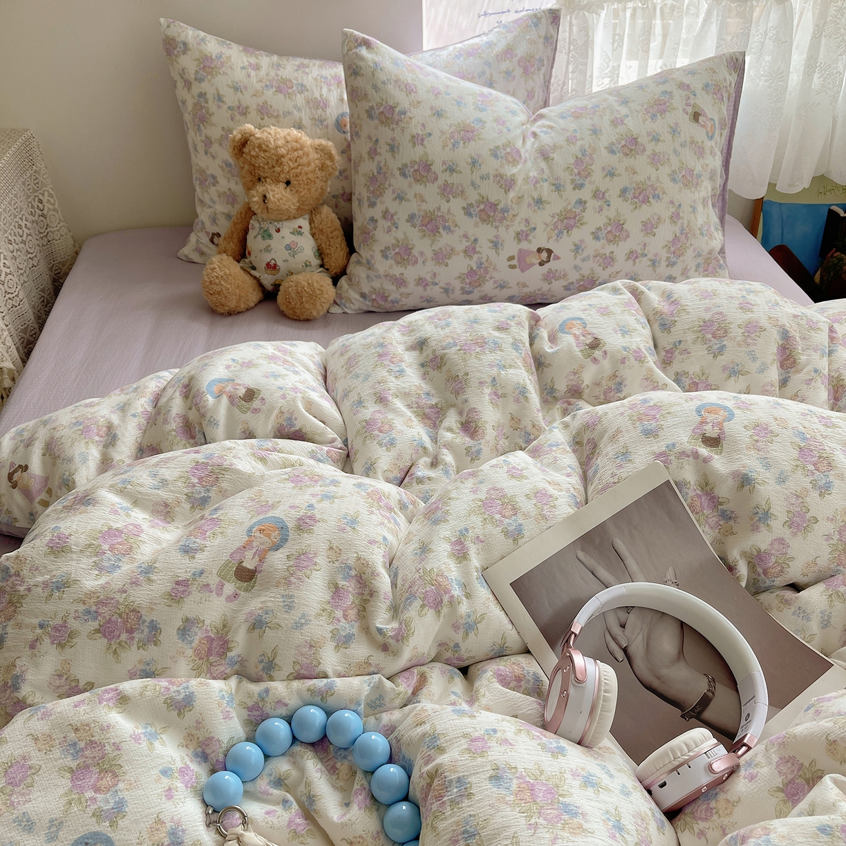 91家纺网 家纺一手货源 找家纺 沐芷 2026 【提供买家秀】简约可爱双层纱四件套床上用品 单被套/四件套 彼岸-梦镜之间