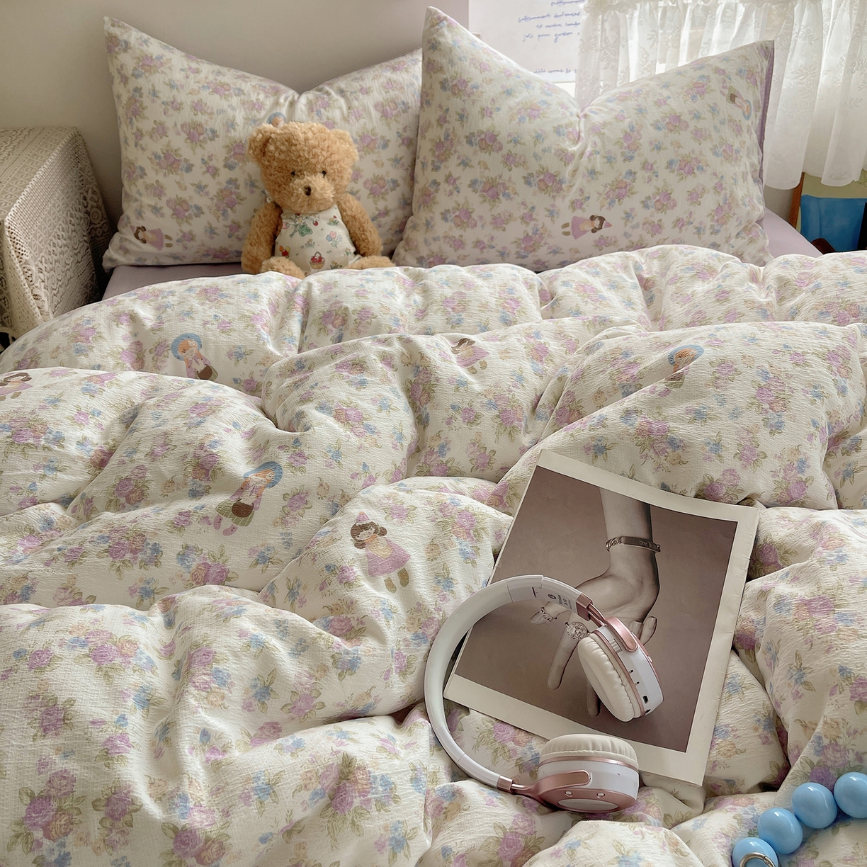 91家纺网 家纺一手货源 找家纺 沐芷 2026 【提供买家秀】简约可爱双层纱四件套床上用品 单被套/四件套 彼岸-梦镜之间