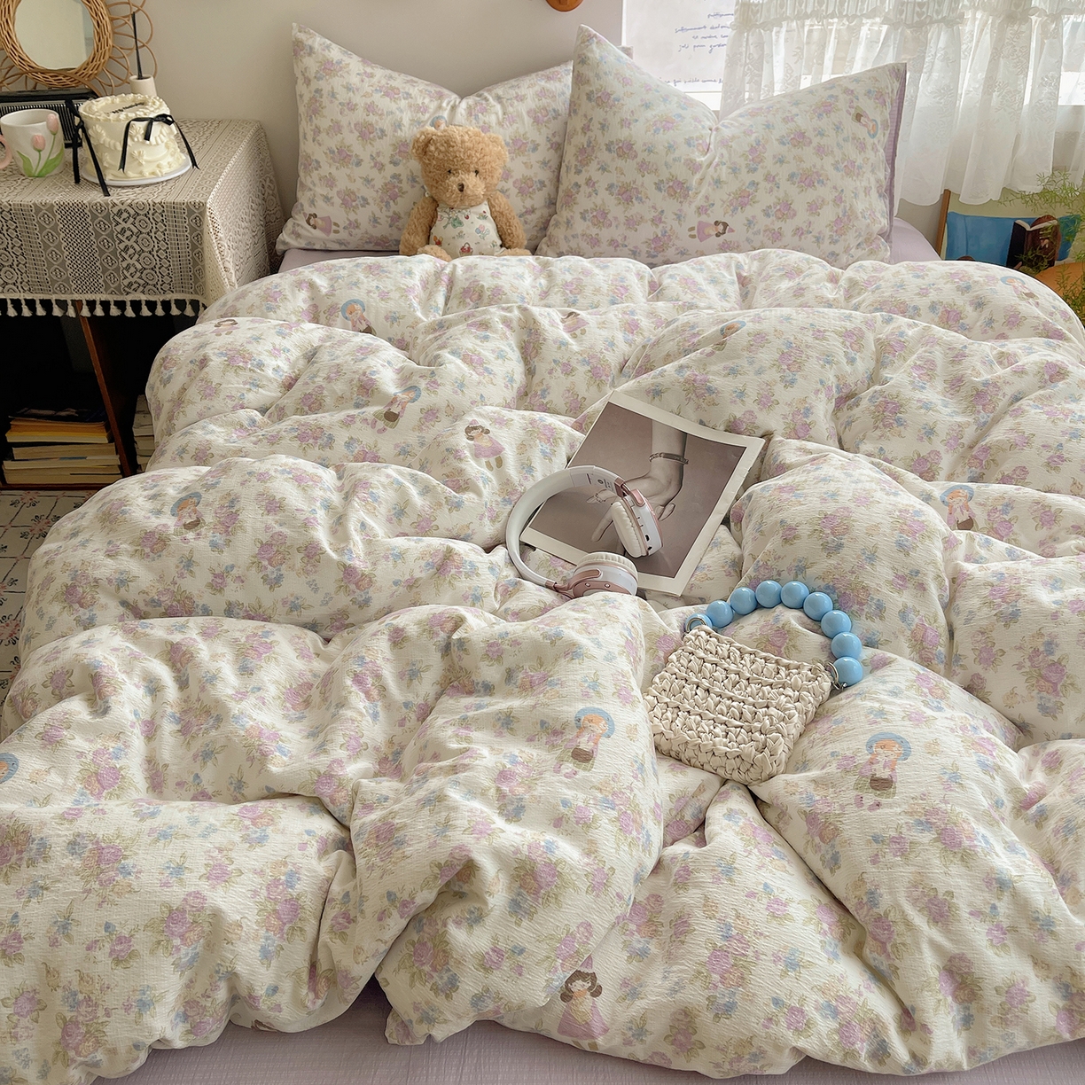 91家纺网 家纺一手货源 找家纺 沐芷 2026 【提供买家秀】简约可爱双层纱四件套床上用品 单被套/四件套 彼岸-梦镜之间