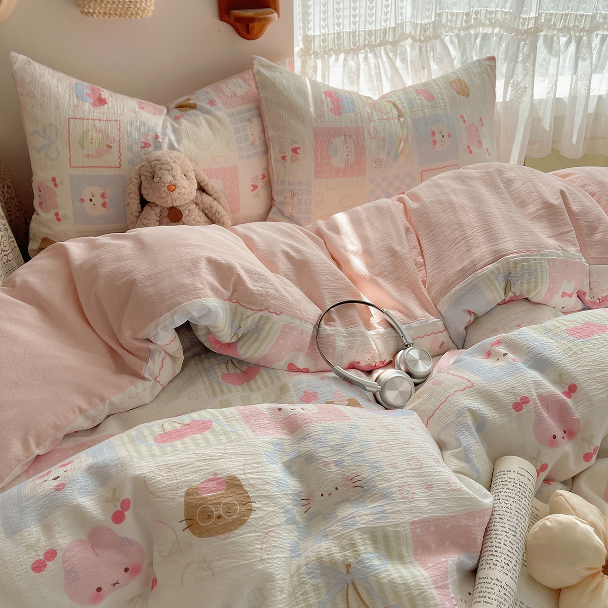 91家纺网 家纺一手货源 找家纺 沐芷 2026 【提供买家秀】简约可爱双层纱四件套床上用品 单被套/四件套 彼岸-奶油块块