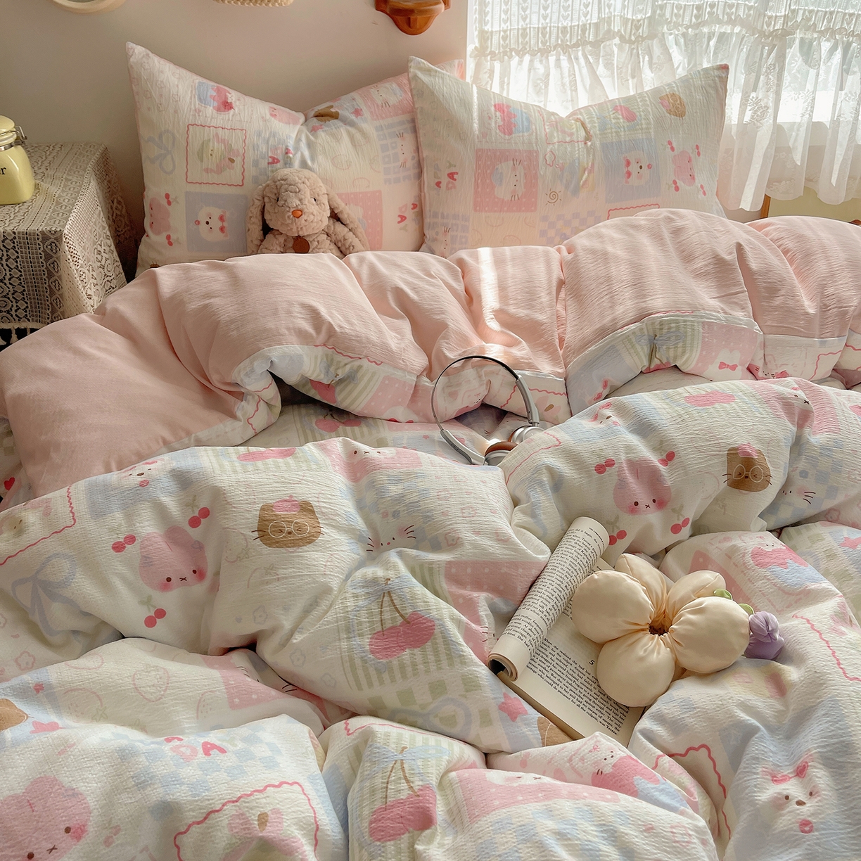 91家纺网 家纺一手货源 找家纺 沐芷 2026 【提供买家秀】简约可爱双层纱四件套床上用品 单被套/四件套 彼岸-奶油块块