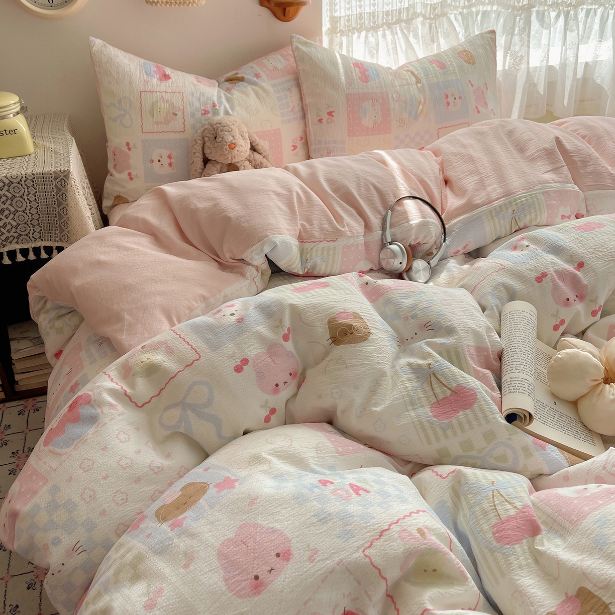 91家纺网 家纺一手货源 找家纺 沐芷 2026 【提供买家秀】简约可爱双层纱四件套床上用品 单被套/四件套 彼岸-奶油块块