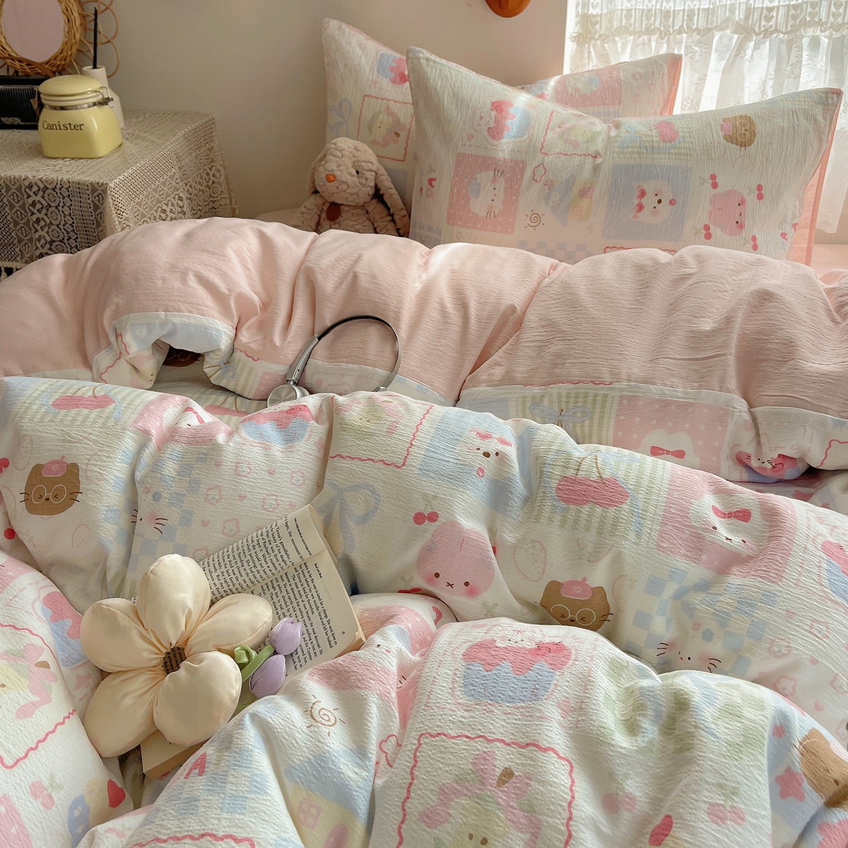 91家纺网 家纺一手货源 找家纺 沐芷 2026 【提供买家秀】简约可爱双层纱四件套床上用品 单被套/四件套 彼岸-奶油块块