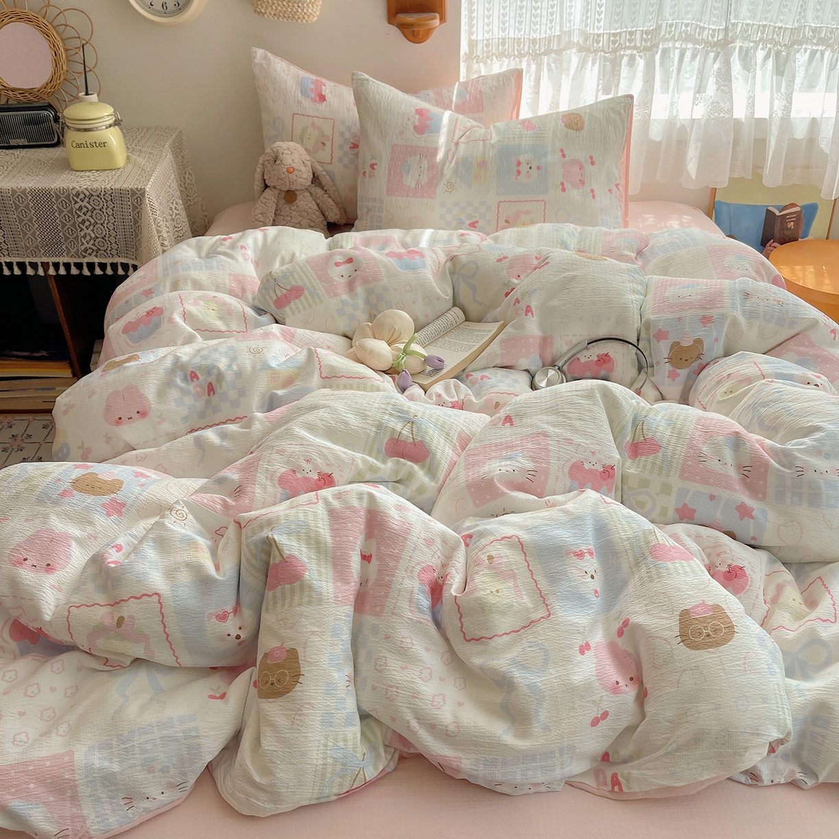 91家纺网 家纺一手货源 找家纺 沐芷 2026 【提供买家秀】简约可爱双层纱四件套床上用品 单被套/四件套 彼岸-奶油块块