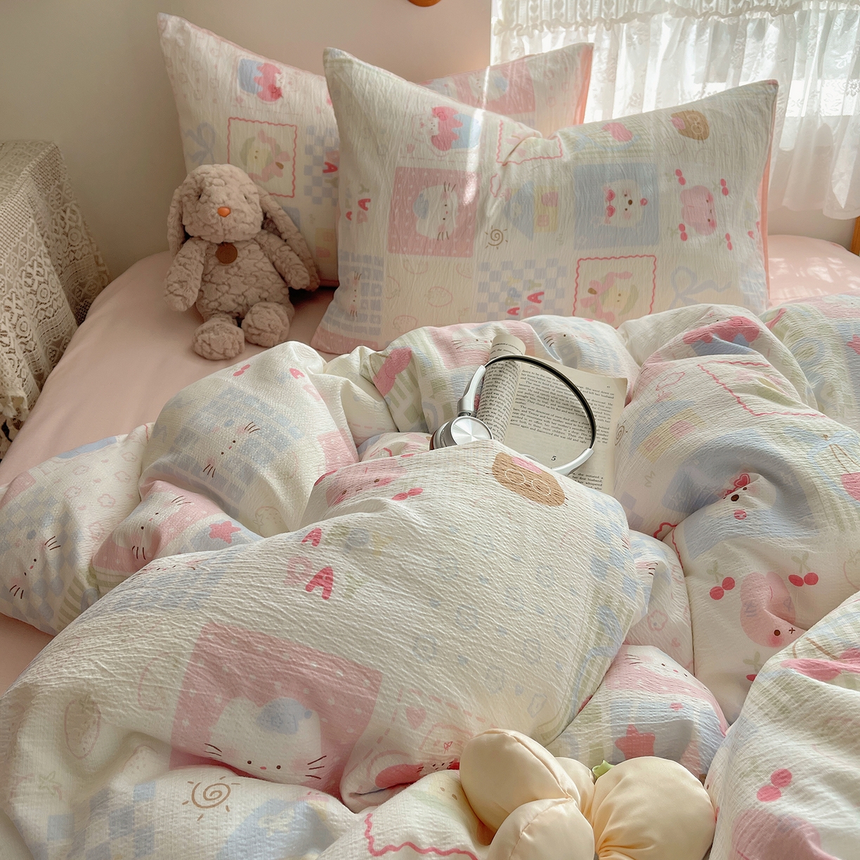 91家纺网 家纺一手货源 找家纺 沐芷 2026 【提供买家秀】简约可爱双层纱四件套床上用品 单被套/四件套 彼岸-奶油块块