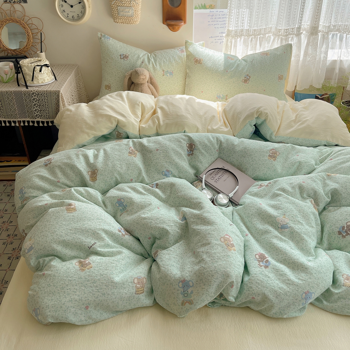 91家纺网 家纺一手货源 找家纺 沐芷 2026 【提供买家秀】简约可爱双层纱四件套床上用品 单被套/四件套 彼岸-少女象