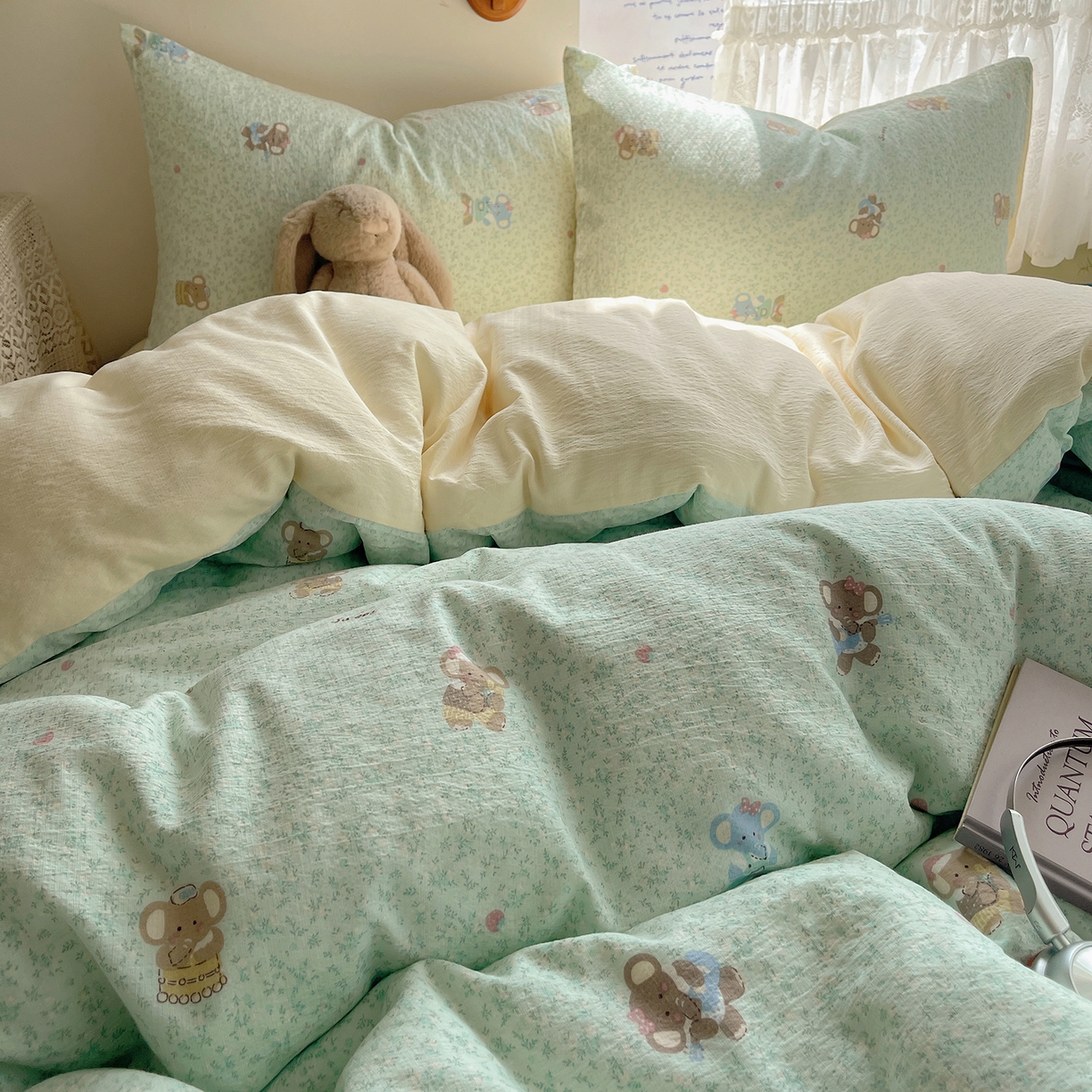 91家纺网 家纺一手货源 找家纺 沐芷 2026 【提供买家秀】简约可爱双层纱四件套床上用品 单被套/四件套 彼岸-少女象