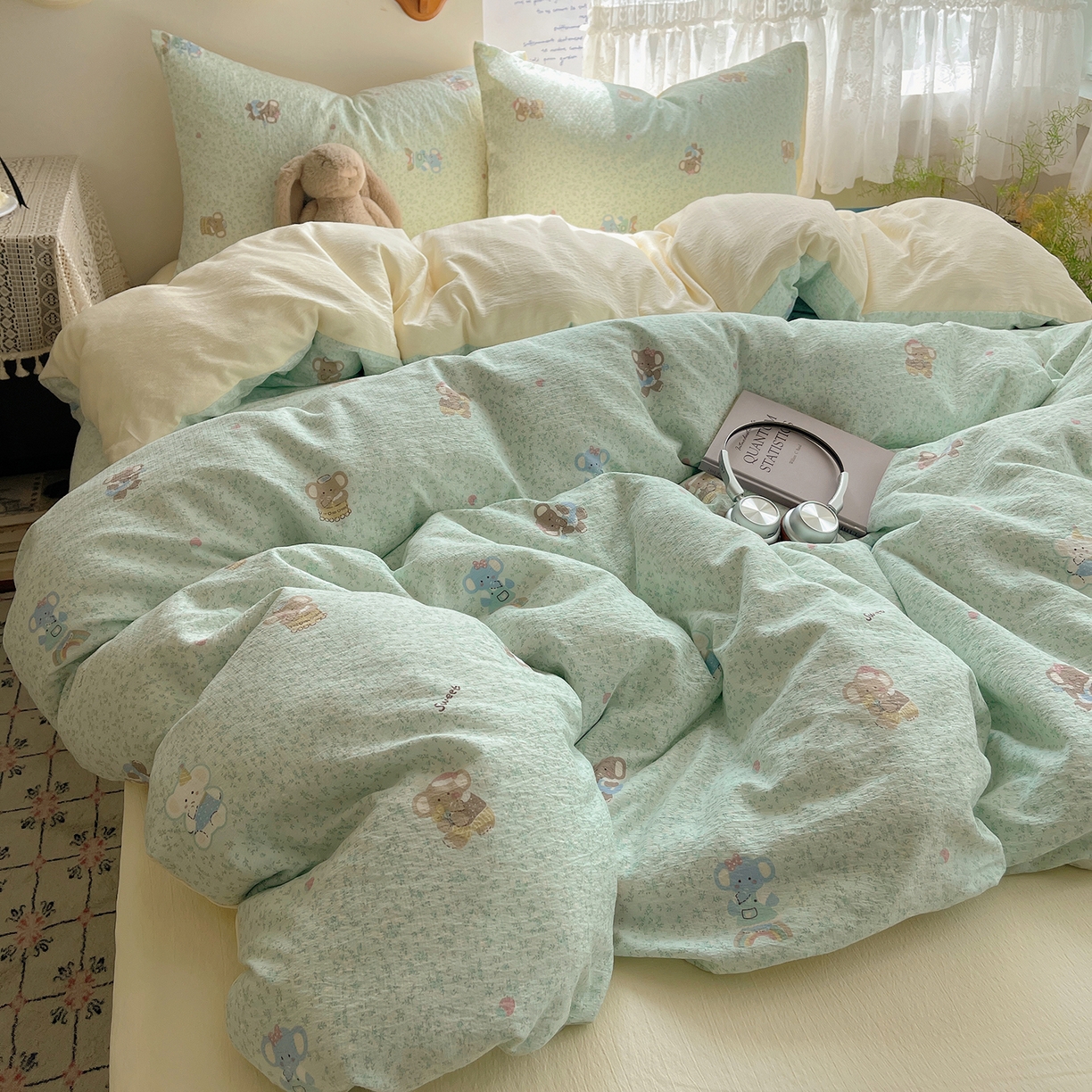 91家纺网 家纺一手货源 找家纺 沐芷 2026 【提供买家秀】简约可爱双层纱四件套床上用品 单被套/四件套 彼岸-少女象