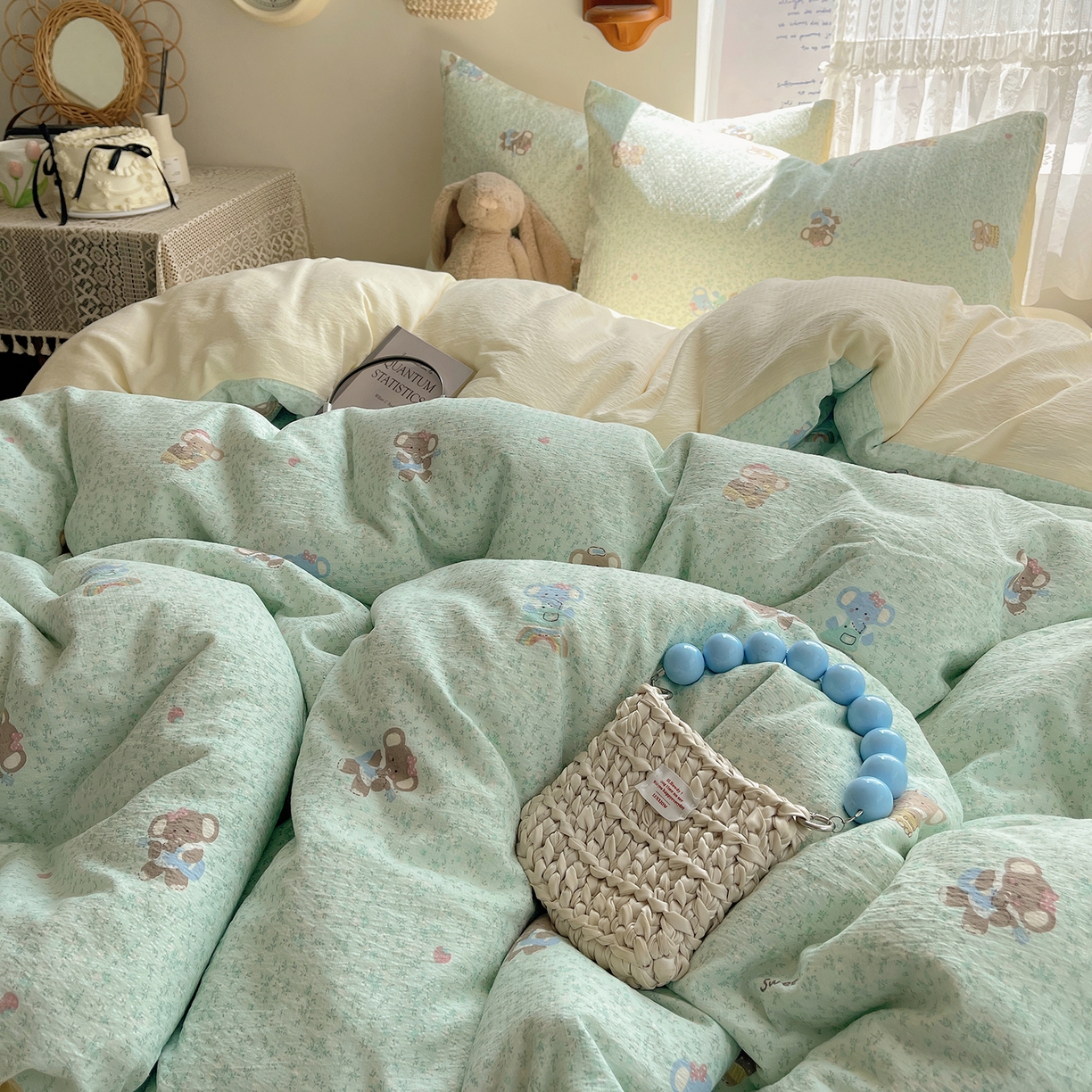 91家纺网 家纺一手货源 找家纺 沐芷 2026 【提供买家秀】简约可爱双层纱四件套床上用品 单被套/四件套 彼岸-少女象