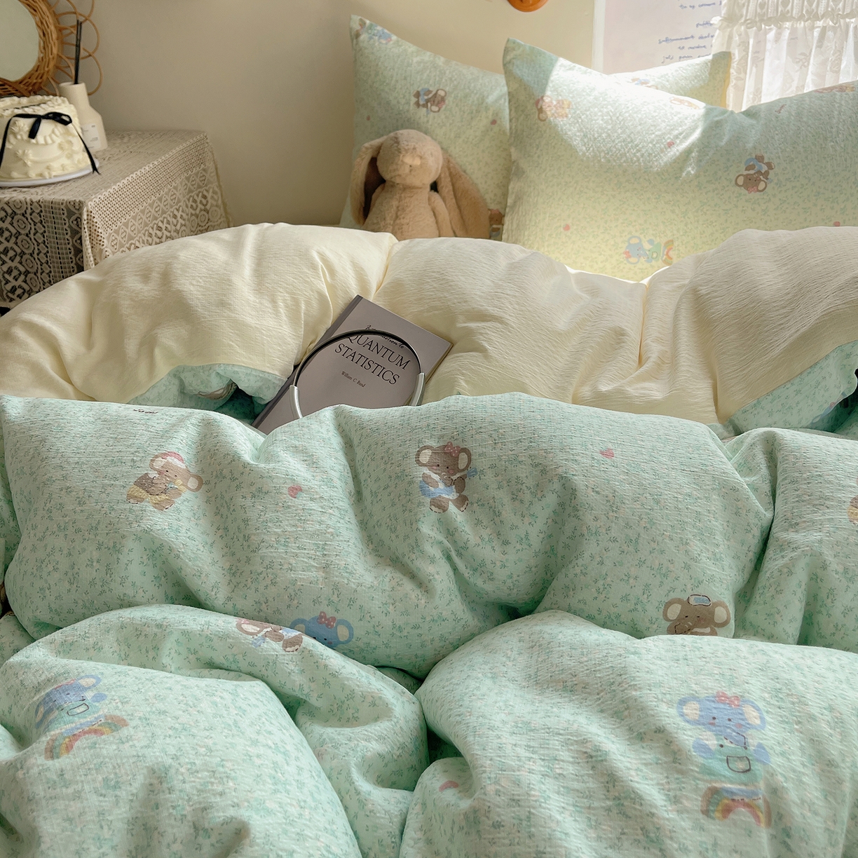 91家纺网 家纺一手货源 找家纺 沐芷 2026 【提供买家秀】简约可爱双层纱四件套床上用品 单被套/四件套 彼岸-少女象