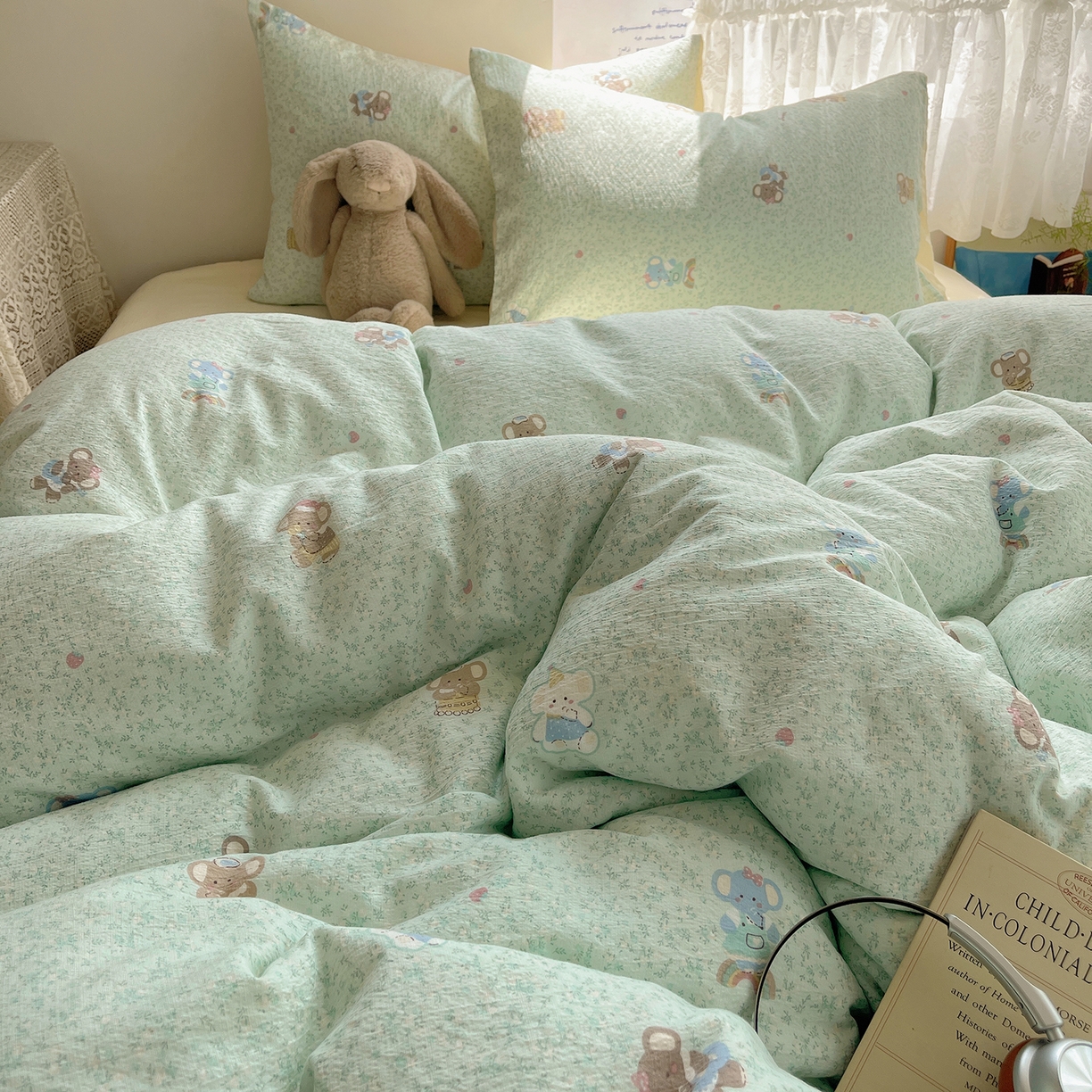 91家纺网 家纺一手货源 找家纺 沐芷 2026 【提供买家秀】简约可爱双层纱四件套床上用品 单被套/四件套 彼岸-少女象