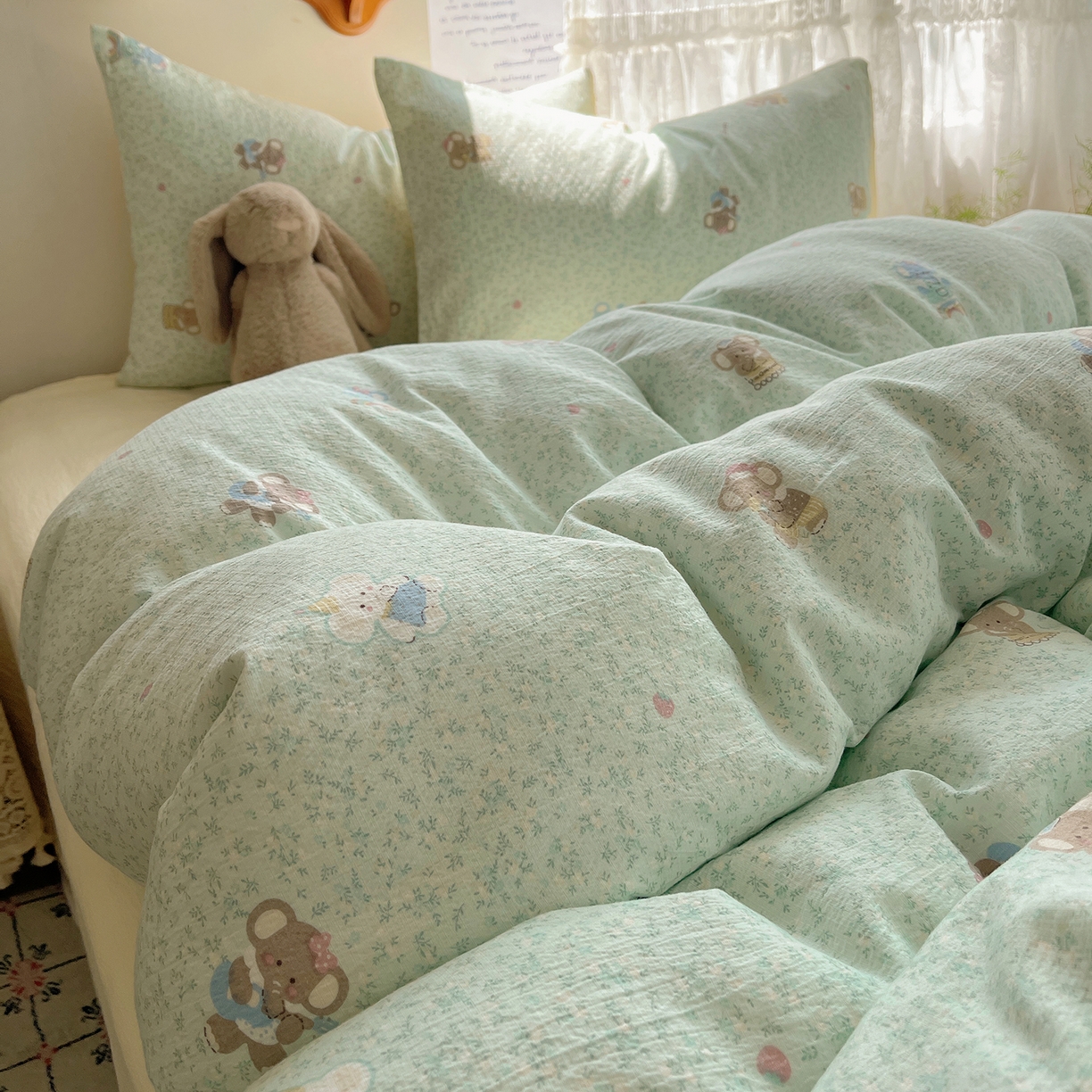 91家纺网 家纺一手货源 找家纺 沐芷 2026 【提供买家秀】简约可爱双层纱四件套床上用品 单被套/四件套 彼岸-少女象