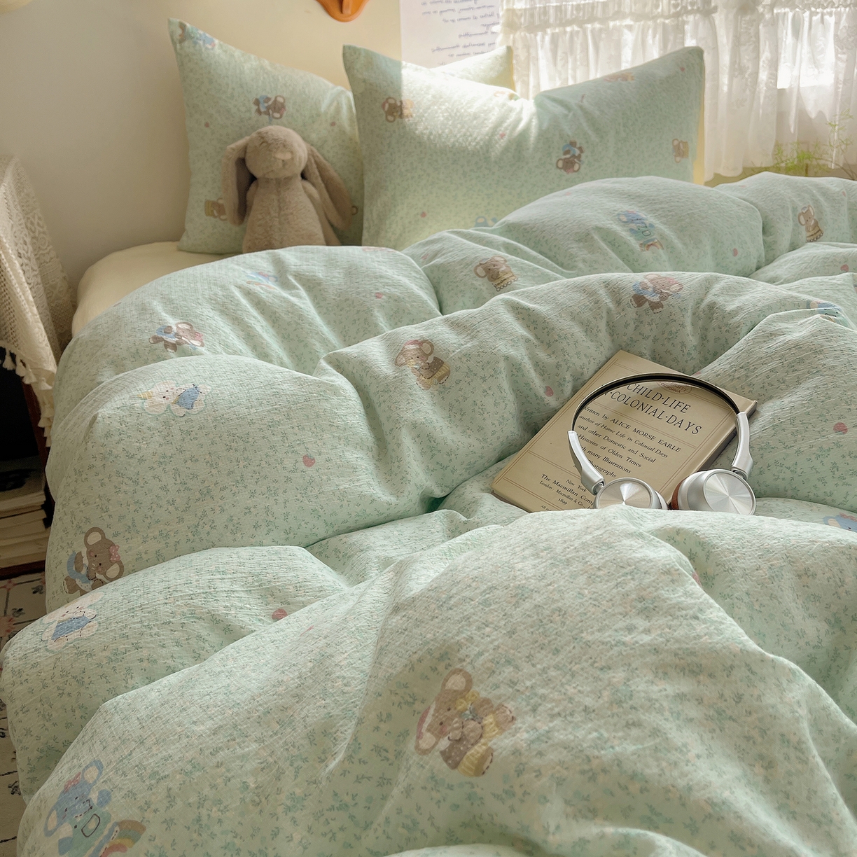 91家纺网 家纺一手货源 找家纺 沐芷 2026 【提供买家秀】简约可爱双层纱四件套床上用品 单被套/四件套 彼岸-少女象