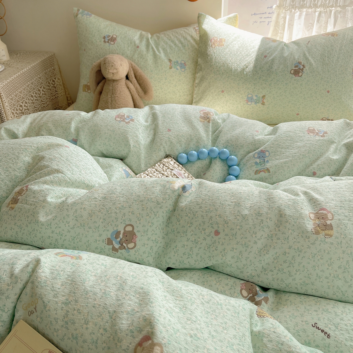 91家纺网 家纺一手货源 找家纺 沐芷 2026 【提供买家秀】简约可爱双层纱四件套床上用品 单被套/四件套 彼岸-少女象