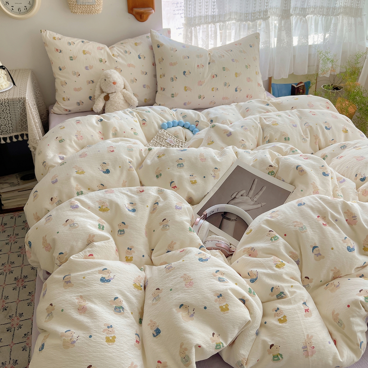 91家纺网 家纺一手货源 找家纺 沐芷 2026 【提供买家秀】简约可爱双层纱四件套床上用品 单被套/四件套 彼岸-兔子集合