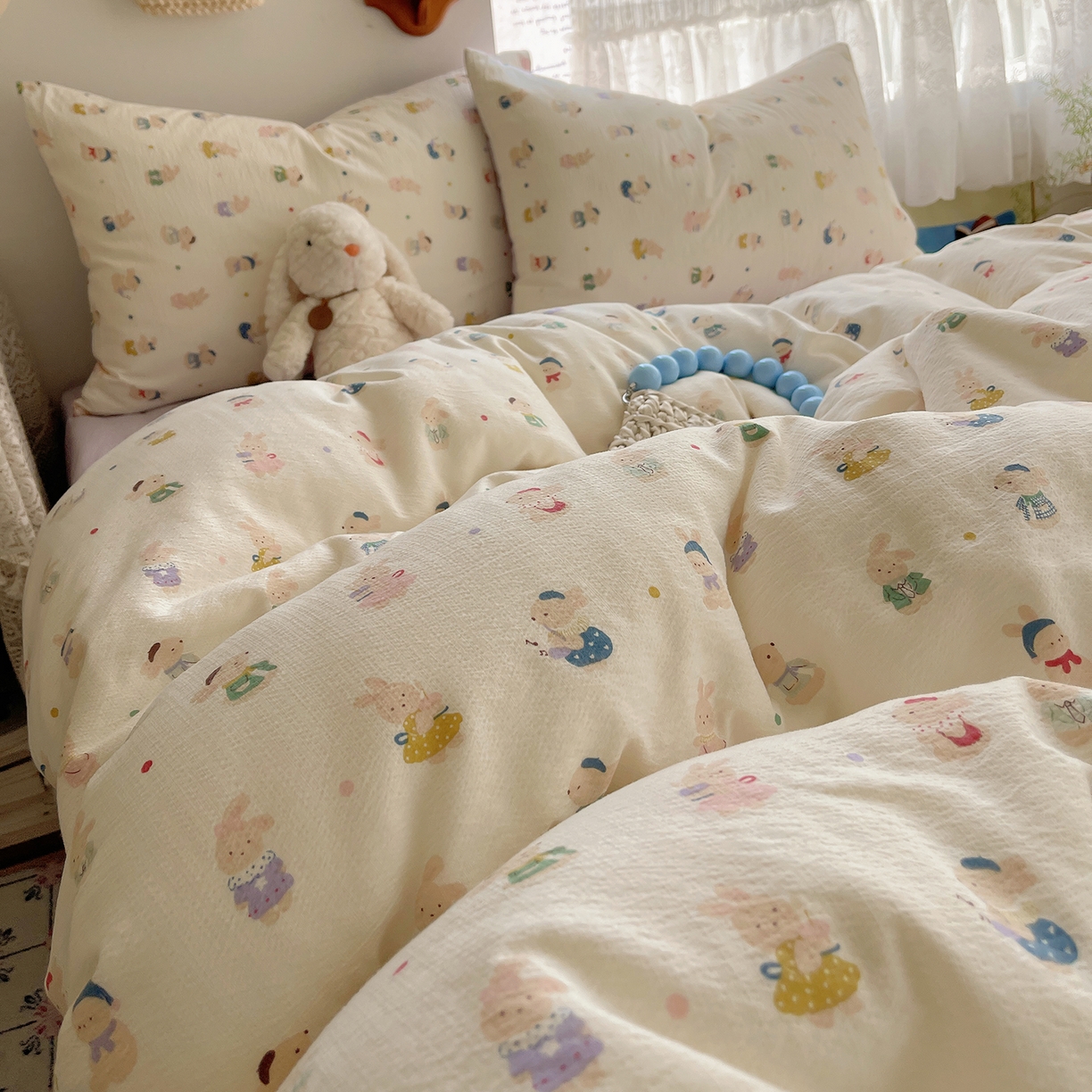 91家纺网 家纺一手货源 找家纺 沐芷 2026 【提供买家秀】简约可爱双层纱四件套床上用品 单被套/四件套 彼岸-兔子集合