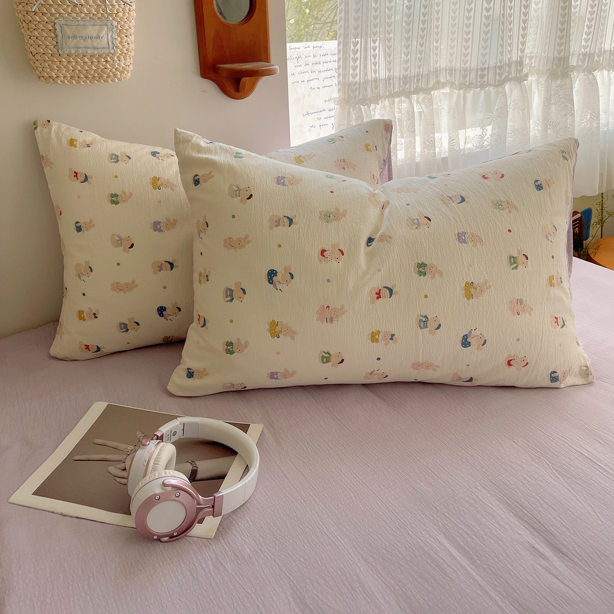 91家纺网 家纺一手货源 找家纺 沐芷 2026 【提供买家秀】简约可爱双层纱四件套床上用品 单被套/四件套 彼岸-兔子集合