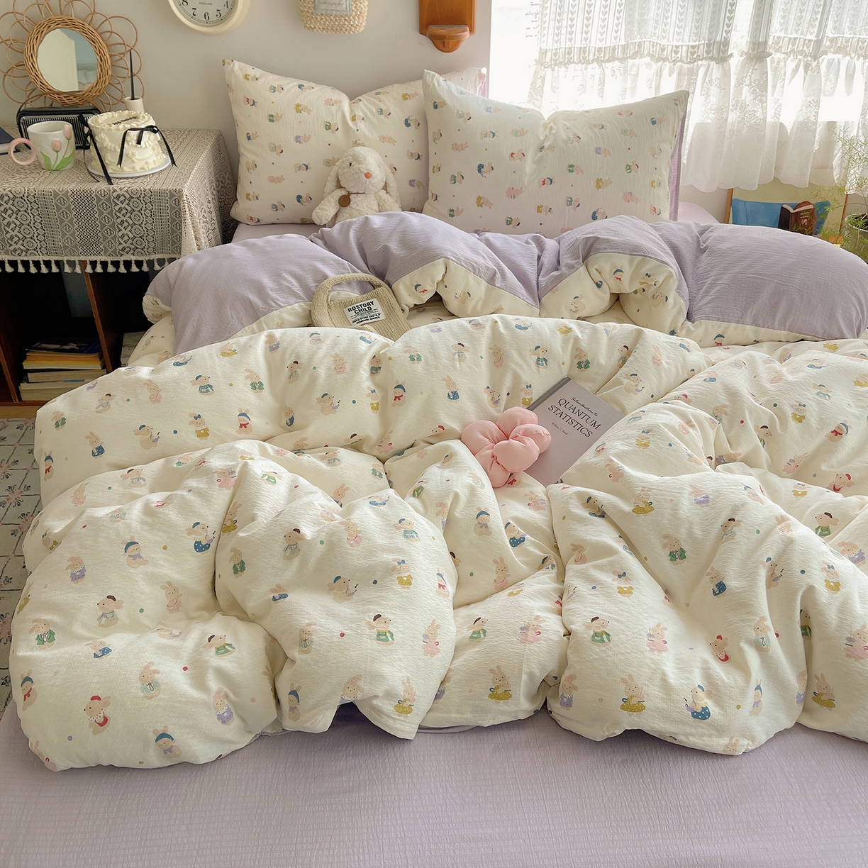 91家纺网 家纺一手货源 找家纺 沐芷 2026 【提供买家秀】简约可爱双层纱四件套床上用品 单被套/四件套 彼岸-兔子集合