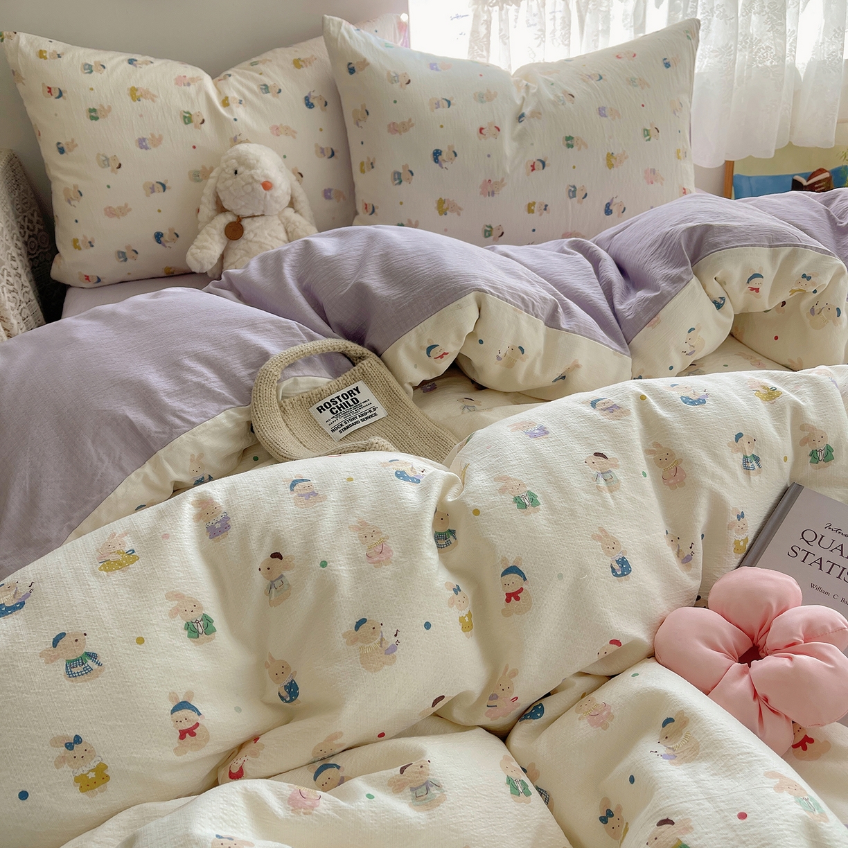 91家纺网 家纺一手货源 找家纺 沐芷 2026 【提供买家秀】简约可爱双层纱四件套床上用品 单被套/四件套 彼岸-兔子集合