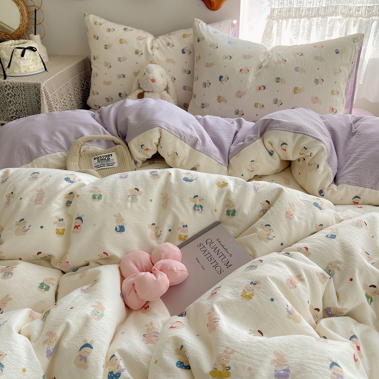 91家纺网 家纺一手货源 找家纺 沐芷 2026 【提供买家秀】简约可爱双层纱四件套床上用品 单被套/四件套 彼岸-兔子集合