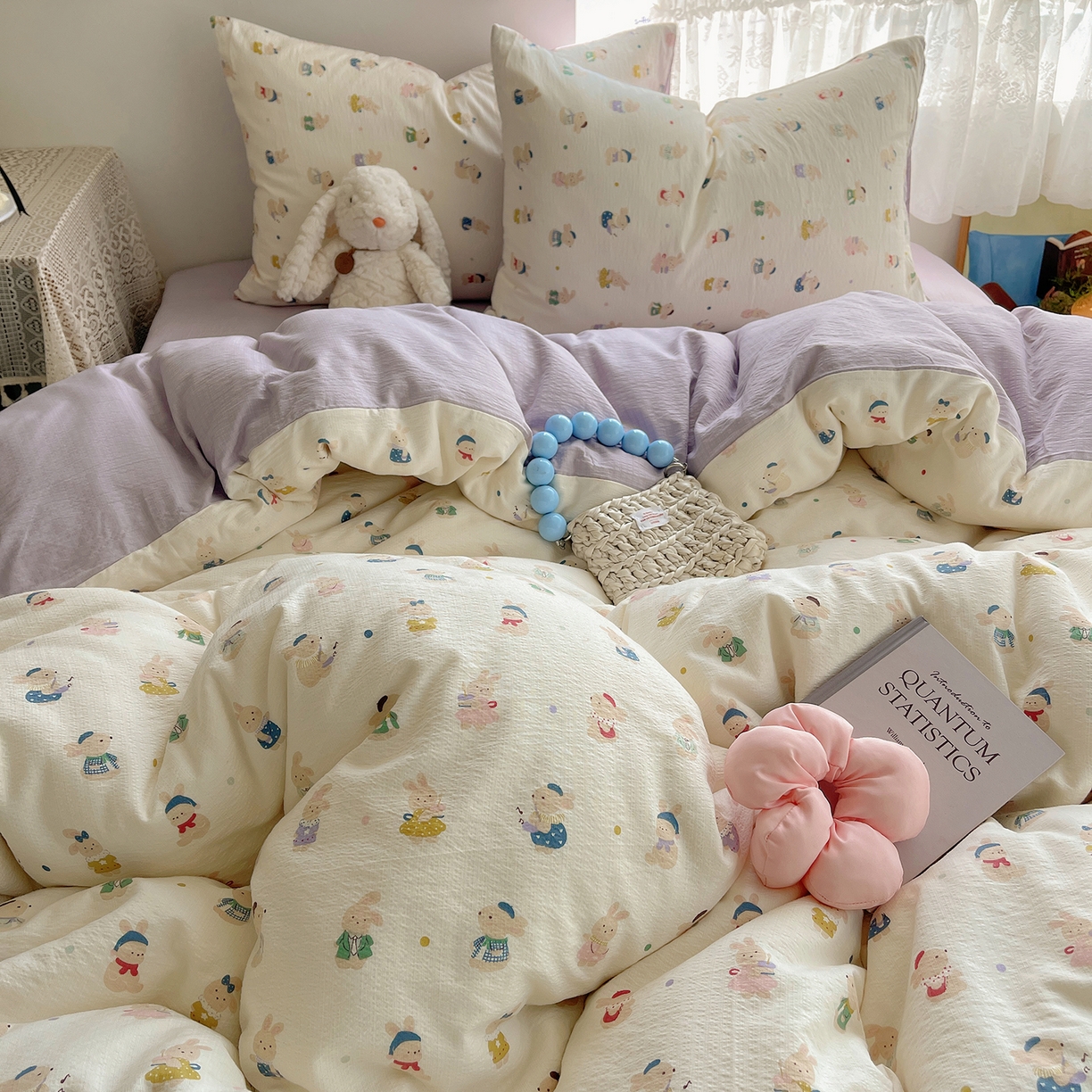 91家纺网 家纺一手货源 找家纺 沐芷 2026 【提供买家秀】简约可爱双层纱四件套床上用品 单被套/四件套 彼岸-兔子集合