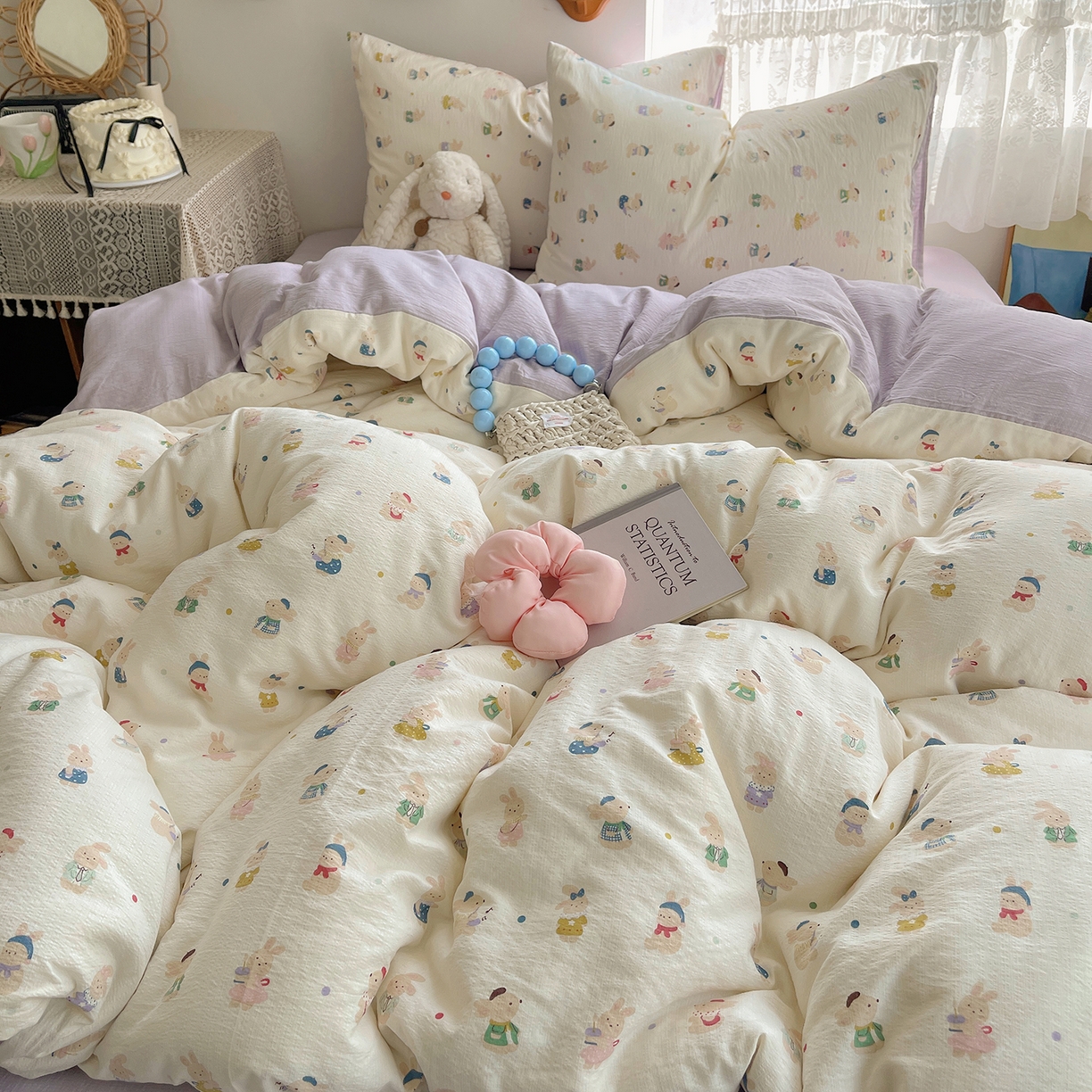 91家纺网 家纺一手货源 找家纺 沐芷 2026 【提供买家秀】简约可爱双层纱四件套床上用品 单被套/四件套 彼岸-兔子集合