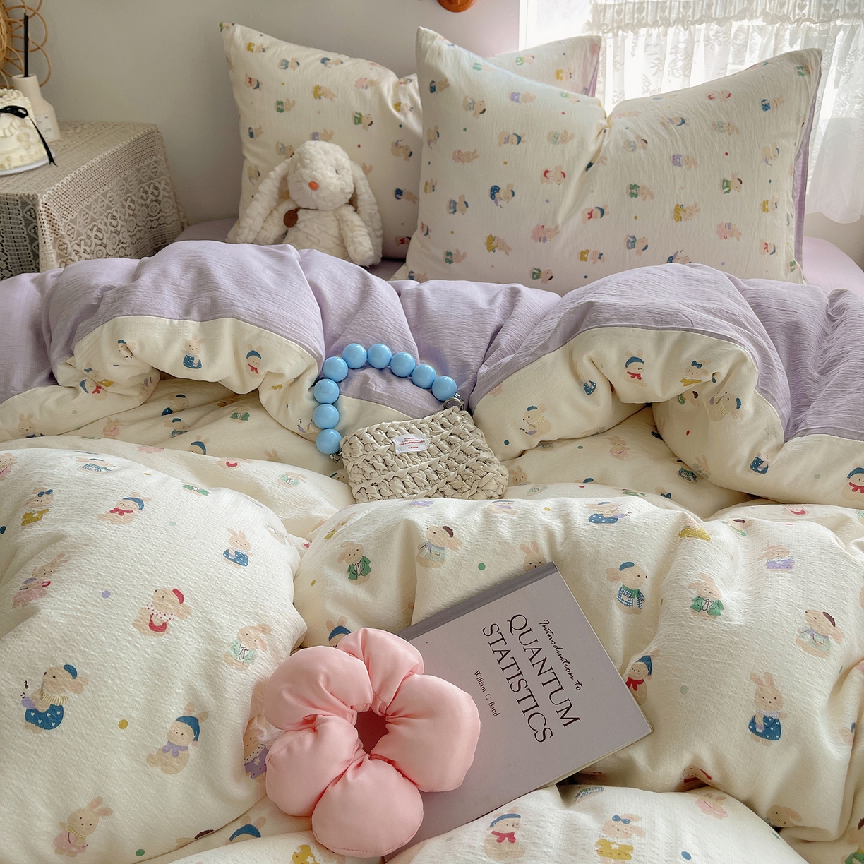 91家纺网 家纺一手货源 找家纺 沐芷 2026 【提供买家秀】简约可爱双层纱四件套床上用品 单被套/四件套 彼岸-兔子集合