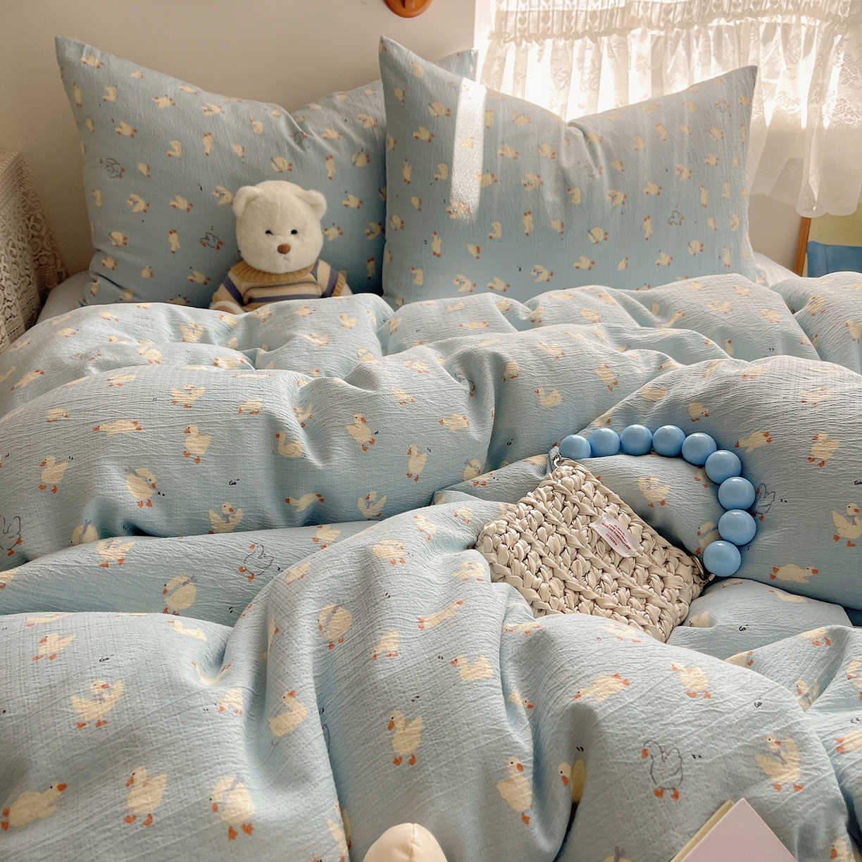 91家纺网 家纺一手货源 找家纺 沐芷 2026 【提供买家秀】简约可爱双层纱四件套床上用品 单被套/四件套 彼岸-项天歌