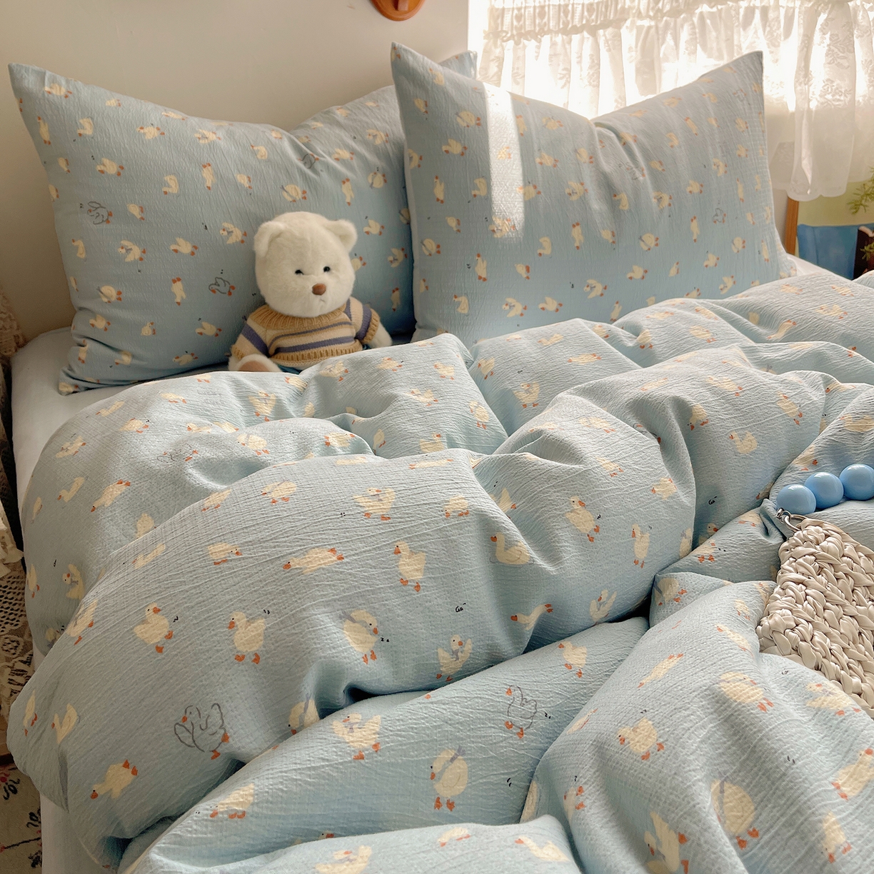 91家纺网 家纺一手货源 找家纺 沐芷 2026 【提供买家秀】简约可爱双层纱四件套床上用品 单被套/四件套 彼岸-项天歌