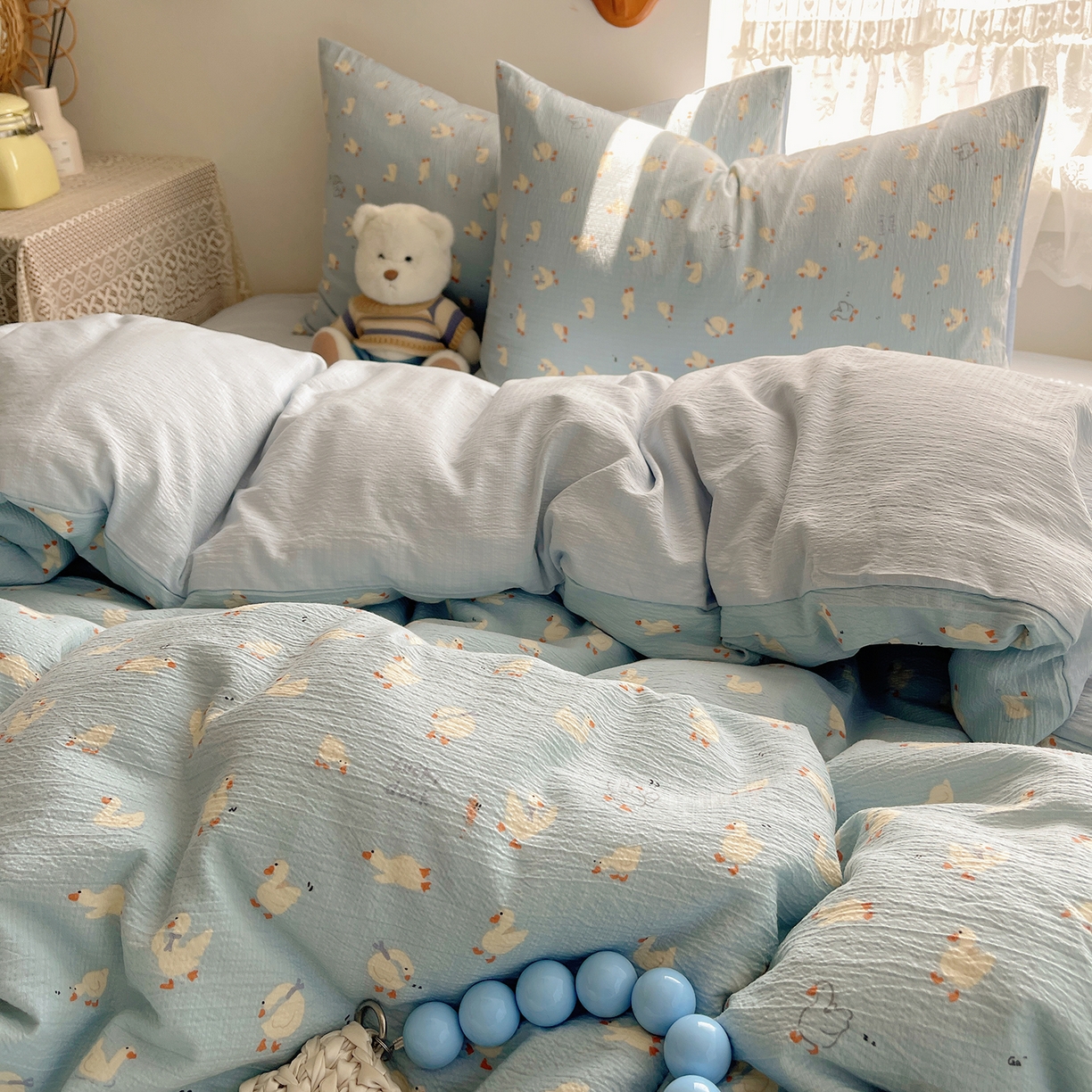 91家纺网 家纺一手货源 找家纺 沐芷 2026 【提供买家秀】简约可爱双层纱四件套床上用品 单被套/四件套 彼岸-项天歌