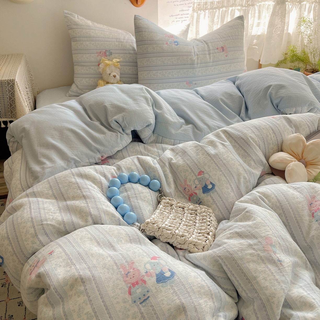 91家纺网 家纺一手货源 找家纺 沐芷 2026 【提供买家秀】简约可爱双层纱四件套床上用品 单被套/四件套 彼岸-小象宝宝