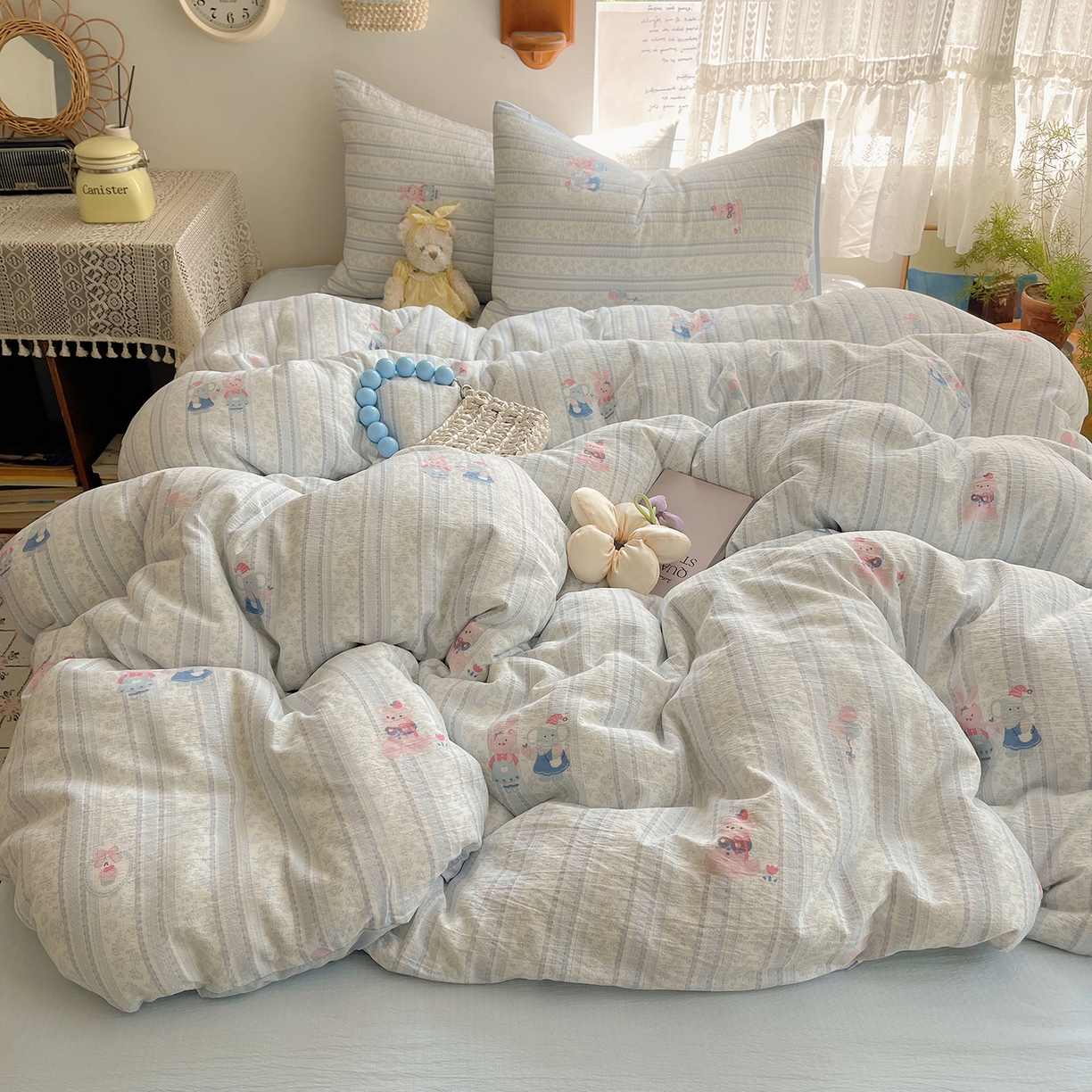 91家纺网 家纺一手货源 找家纺 沐芷 2026 【提供买家秀】简约可爱双层纱四件套床上用品 单被套/四件套 彼岸-小象宝宝