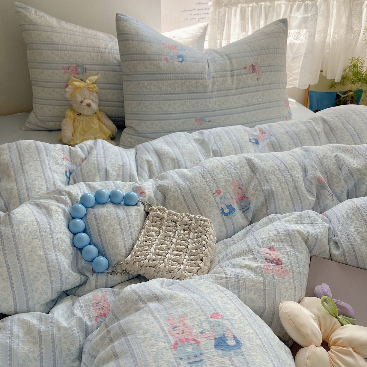 91家纺网 家纺一手货源 找家纺 沐芷 2026 【提供买家秀】简约可爱双层纱四件套床上用品 单被套/四件套 彼岸-小象宝宝