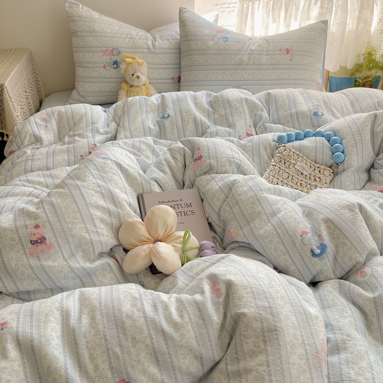 91家纺网 家纺一手货源 找家纺 沐芷 2026 【提供买家秀】简约可爱双层纱四件套床上用品 单被套/四件套 彼岸-小象宝宝