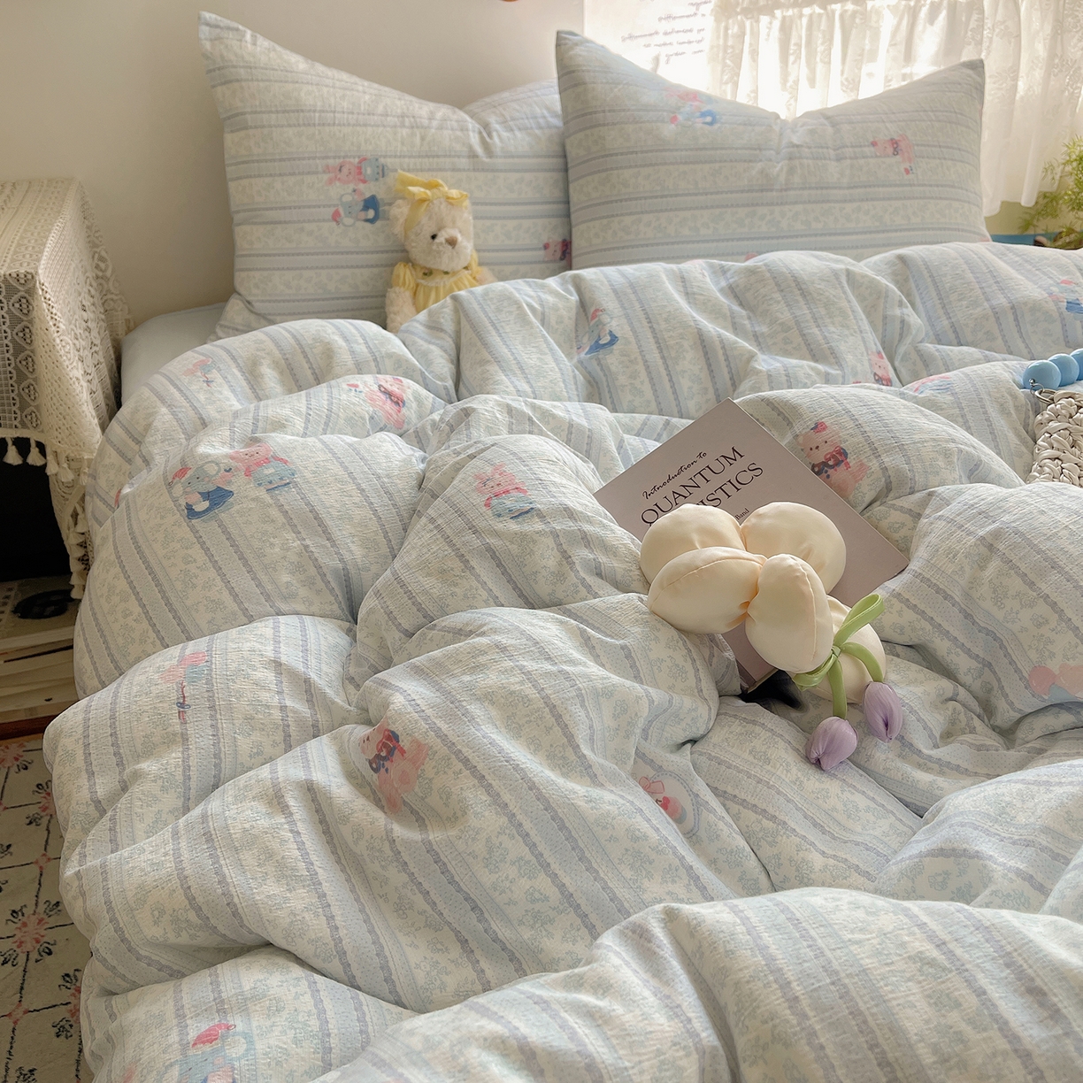 91家纺网 家纺一手货源 找家纺 沐芷 2026 【提供买家秀】简约可爱双层纱四件套床上用品 单被套/四件套 彼岸-小象宝宝