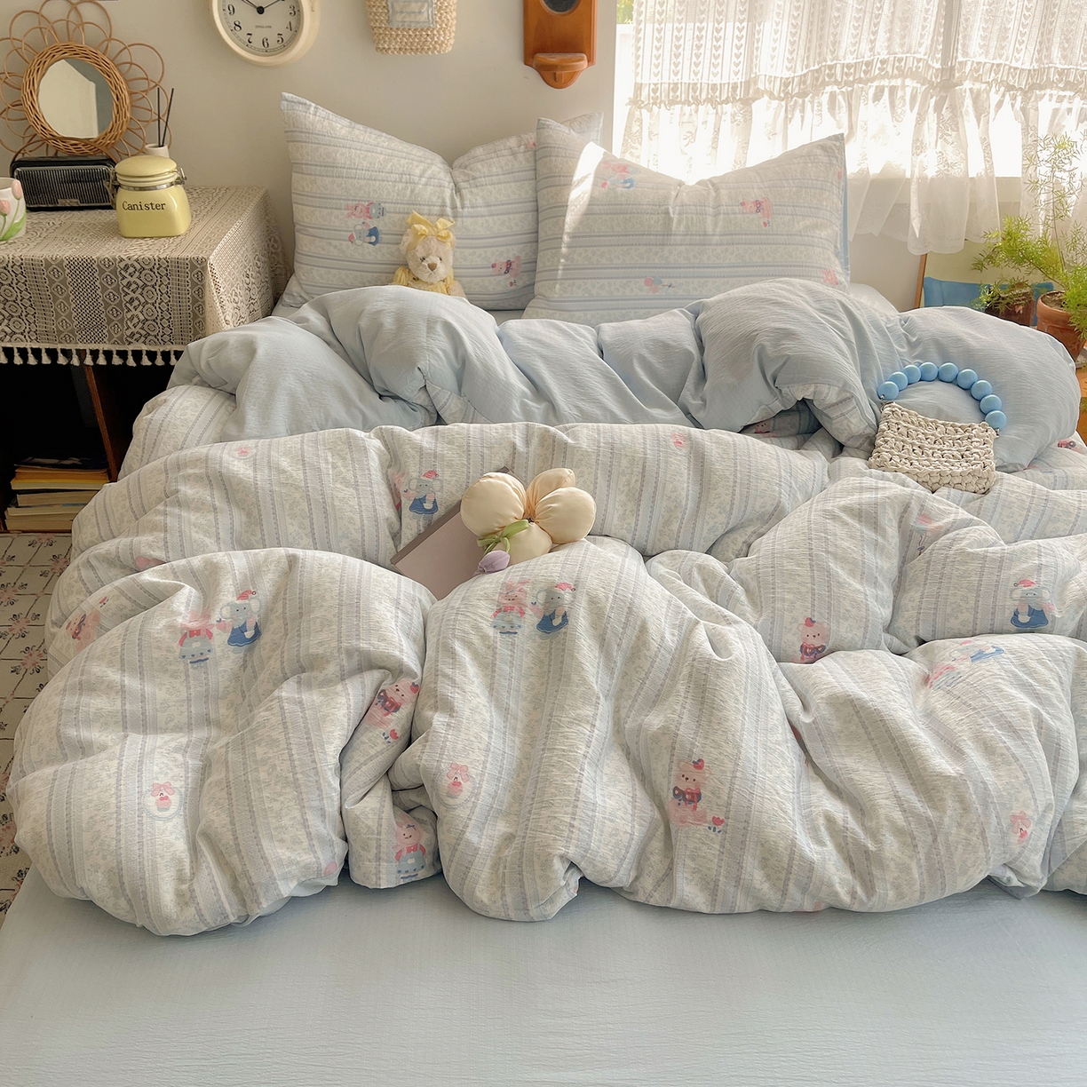 91家纺网 家纺一手货源 找家纺 沐芷 2026 【提供买家秀】简约可爱双层纱四件套床上用品 单被套/四件套 彼岸-小象宝宝