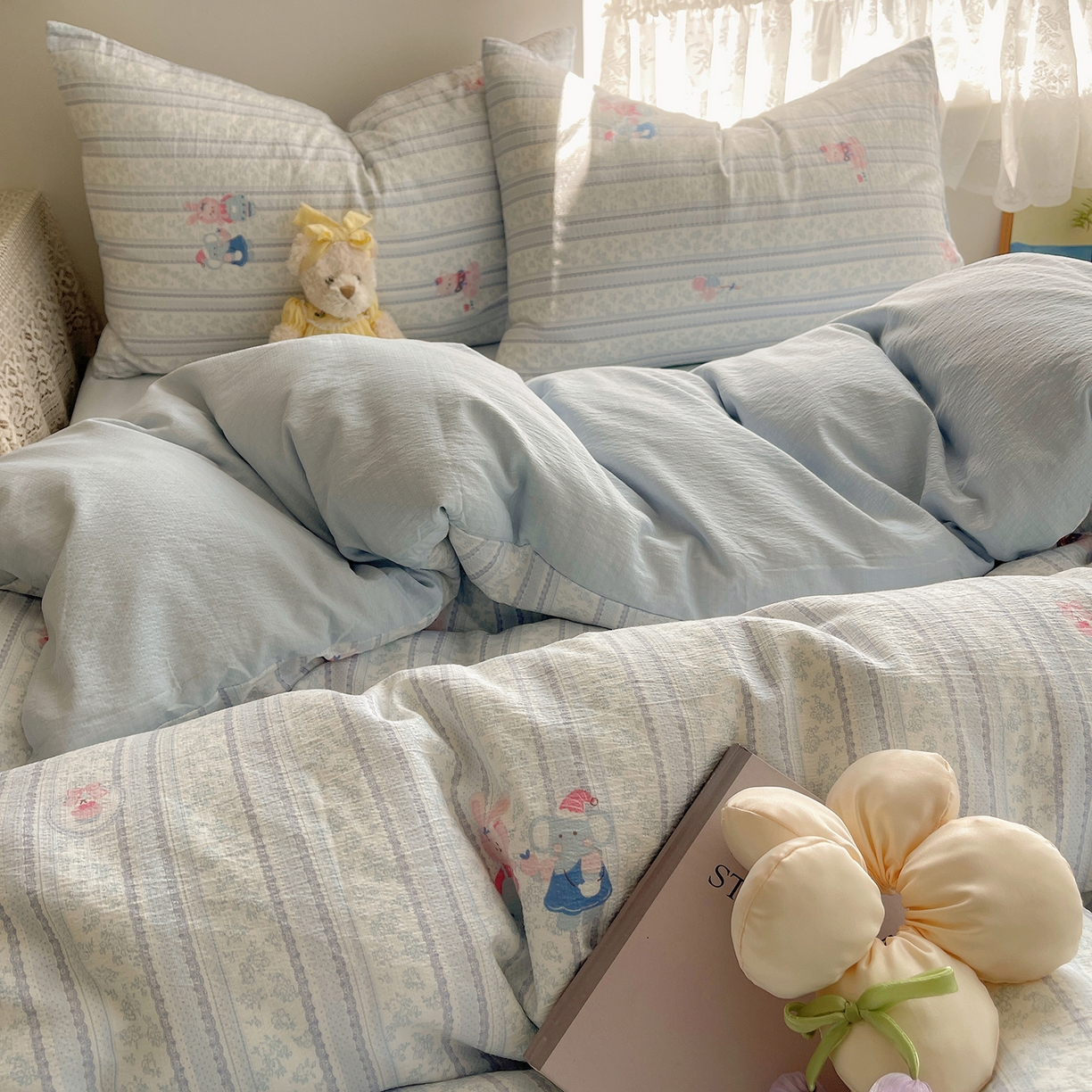 91家纺网 家纺一手货源 找家纺 沐芷 2026 【提供买家秀】简约可爱双层纱四件套床上用品 单被套/四件套 彼岸-小象宝宝